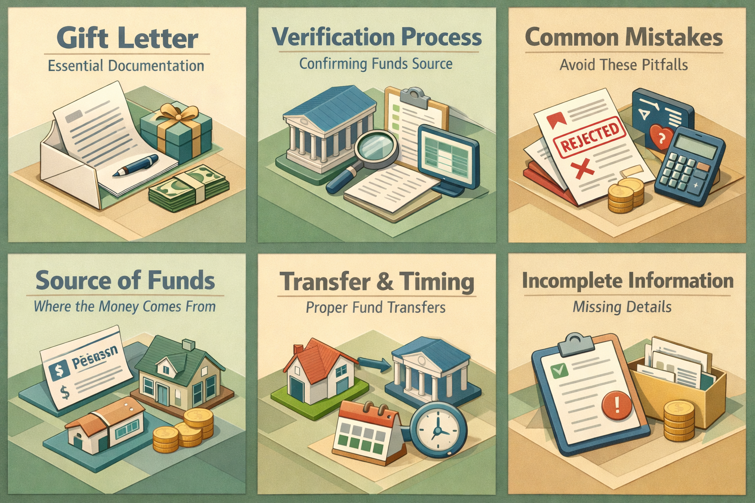 Infographic detailing the gift letter requirements, verification process, and common mistakes for sibling gift funds in loans.