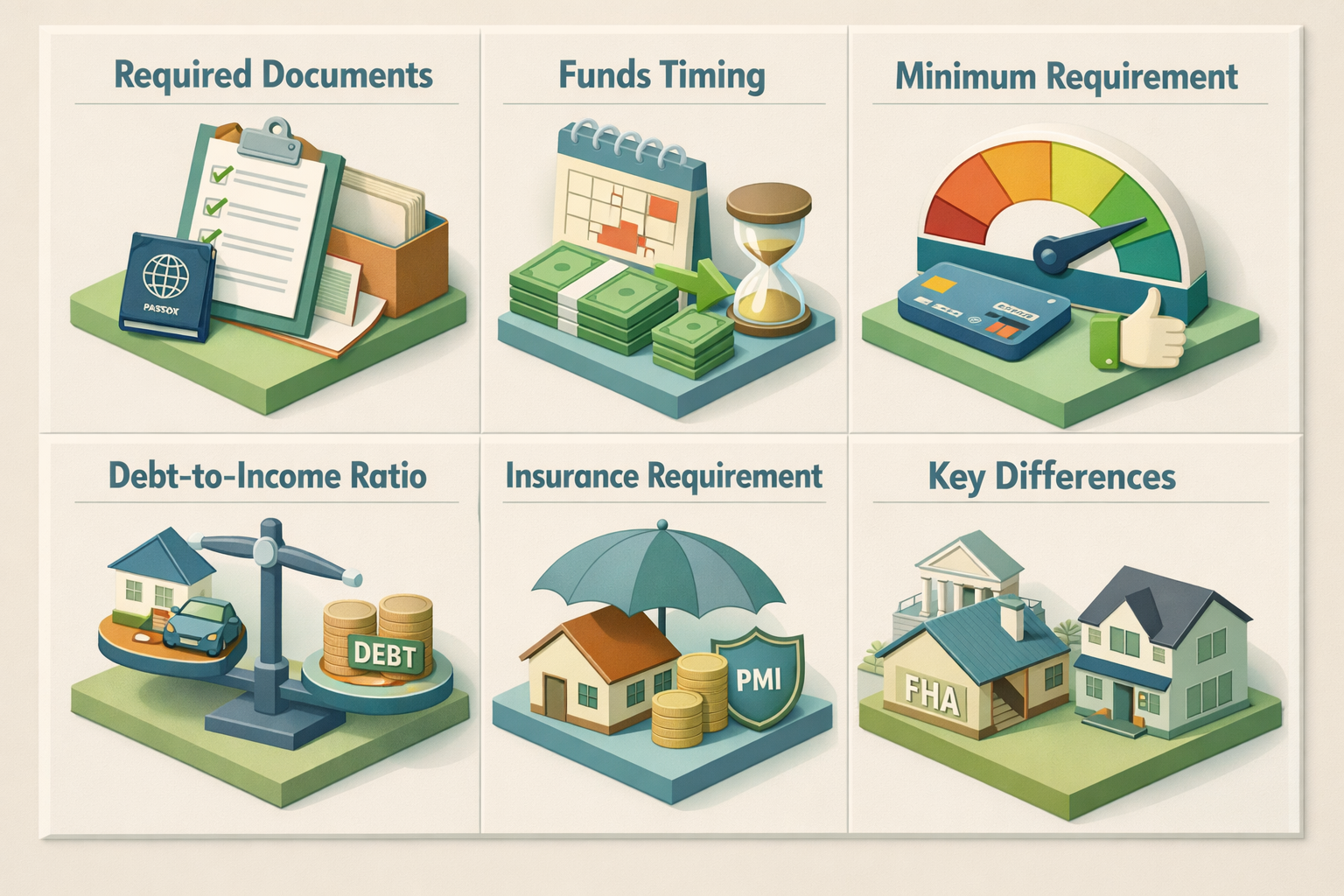 Infographic showing documentation requirements, seasoning rules, credit score, DTI, PMI, and differences between FHA and conventional loans.