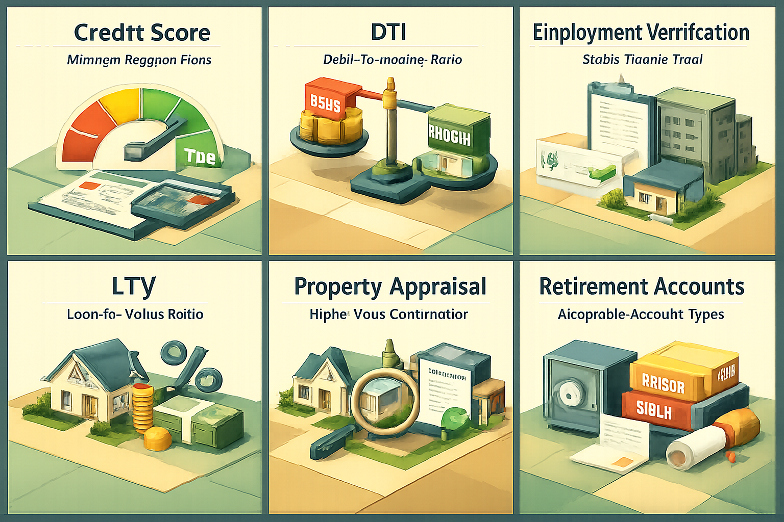 Infographic showing eligibility standards for a conventional loan including credit score, DTI, employment verification, LTV, appraisal, and retirement accounts.