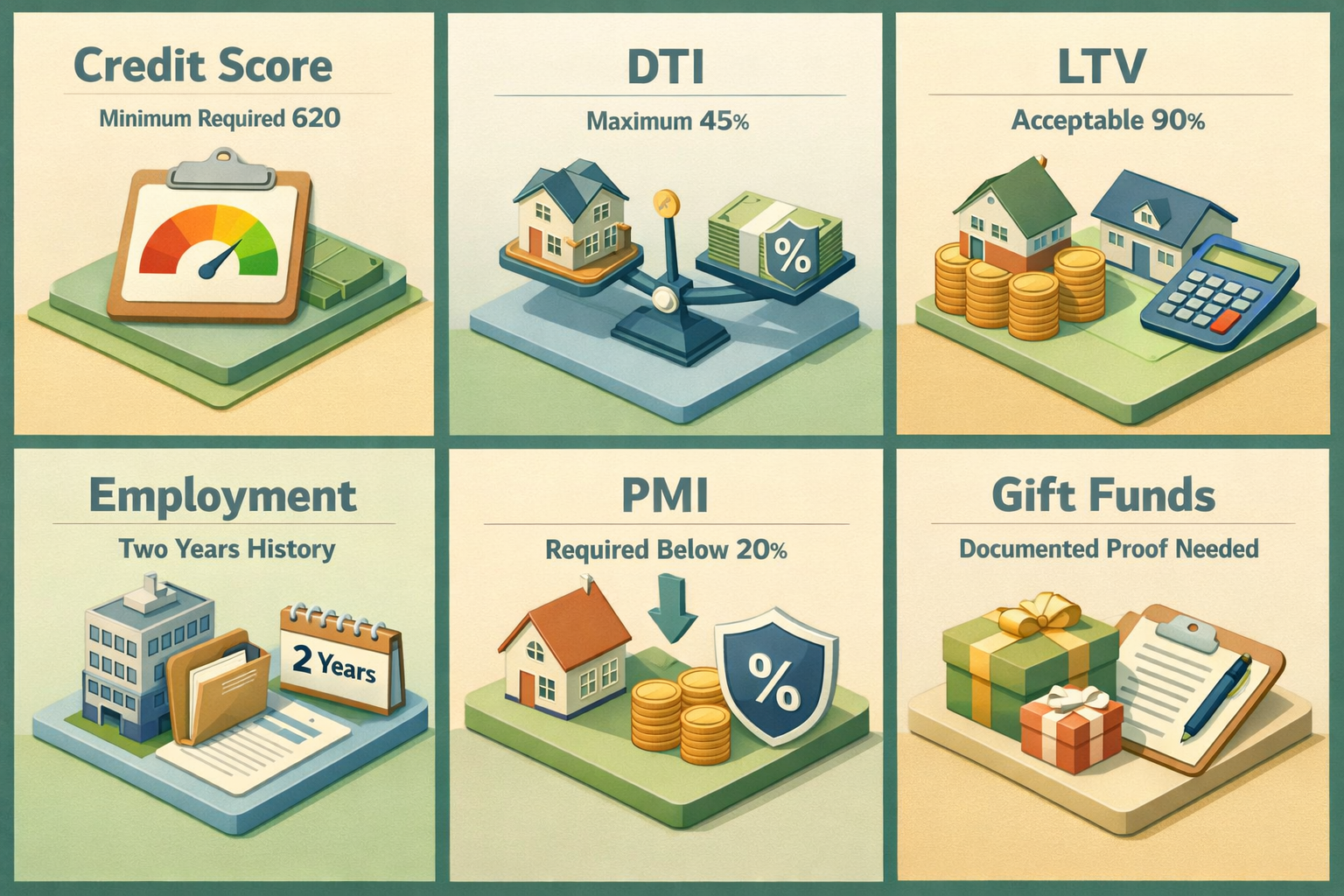 Infographic showing requirements for a conventional loan with 10% down payment from sibling, including credit score, DTI, LTV, employment, PMI, and gift funds documentation.