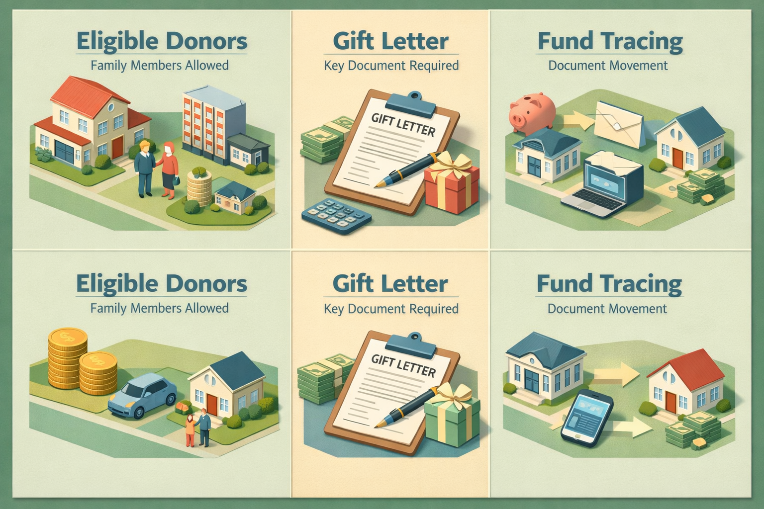 Infographic showing eligible gift donors, gift letter requirements, and fund tracing for a conventional loan with sibling gift.