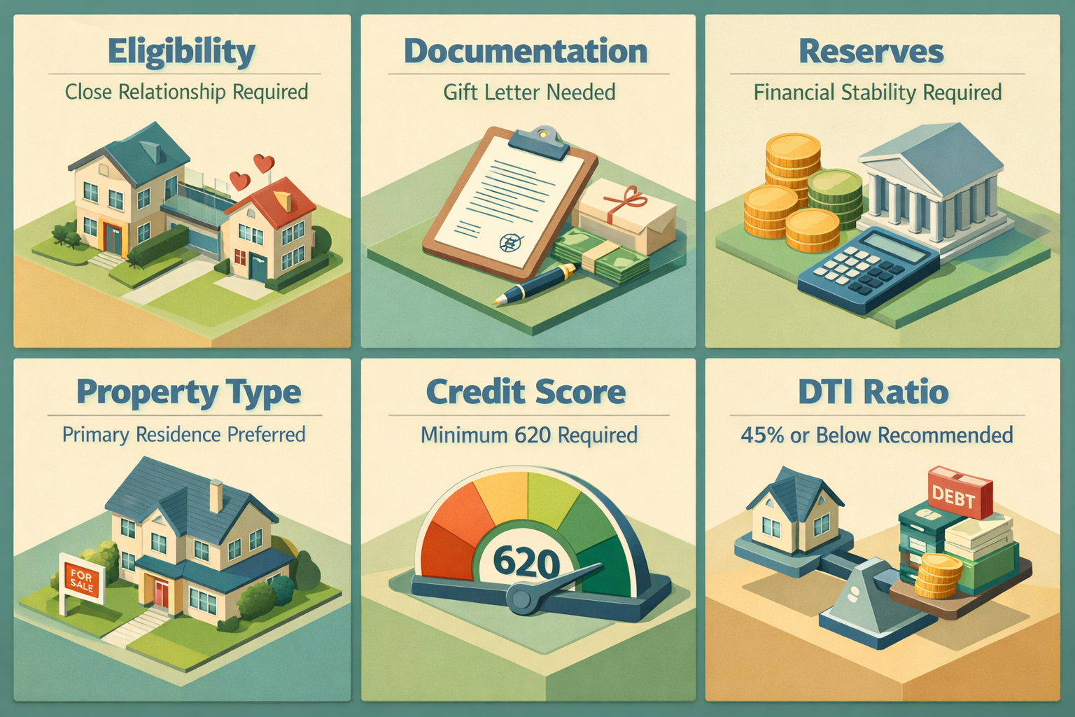 Infographic showing requirements for a conventional loan with 10% gifted down payment, including eligibility, documentation, and financial criteria.
