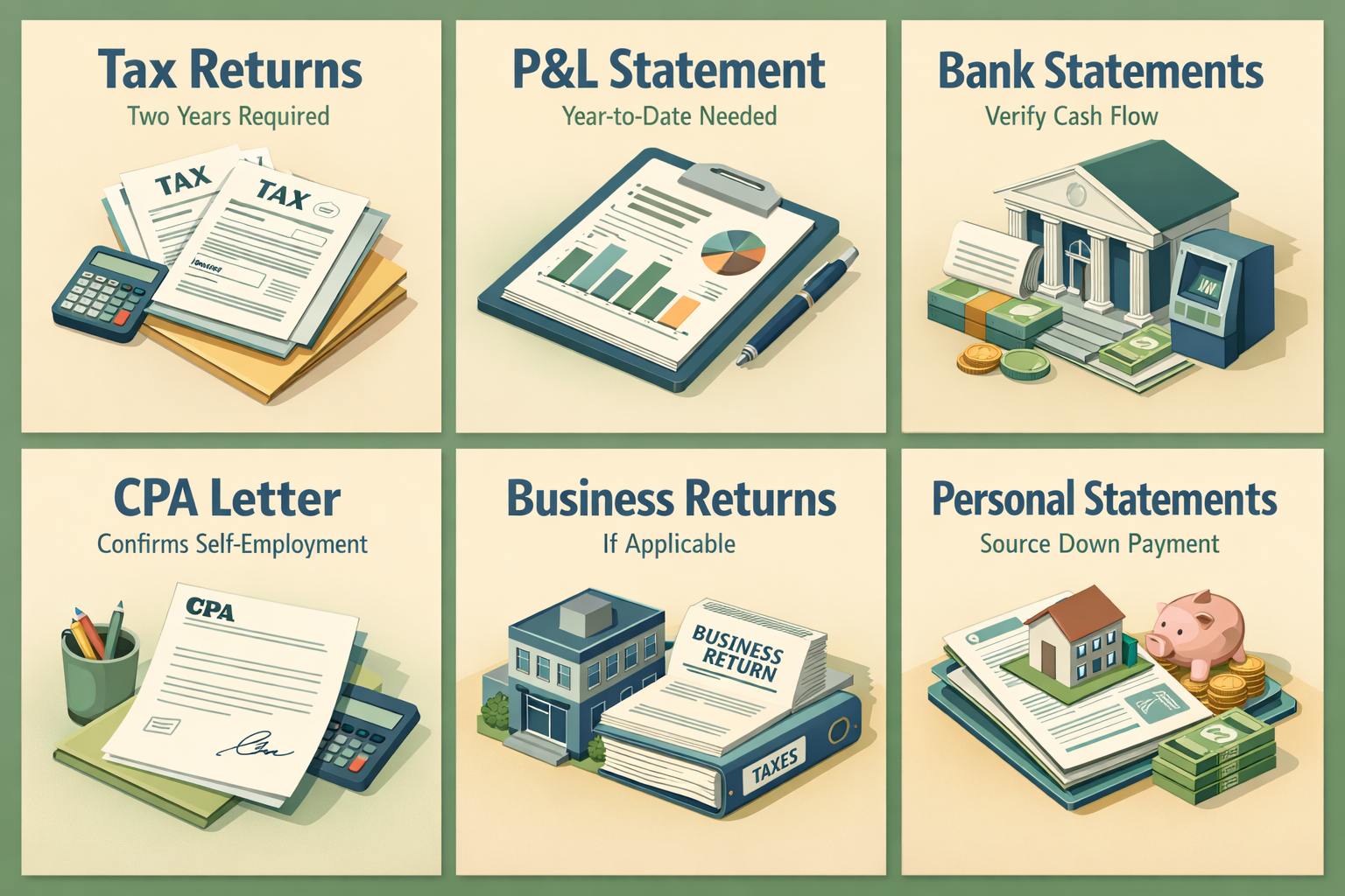 Infographic showing documentation requirements for self-employed conventional loan applicants including tax returns and bank statements.