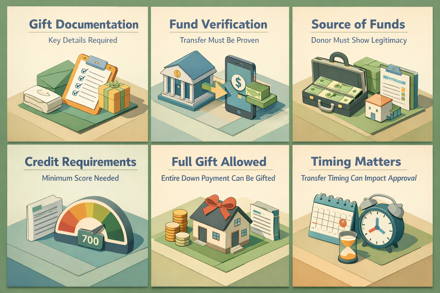 Infographic showing requirements for conventional loan with 5% down from sibling gift funds including documentation and verification steps.