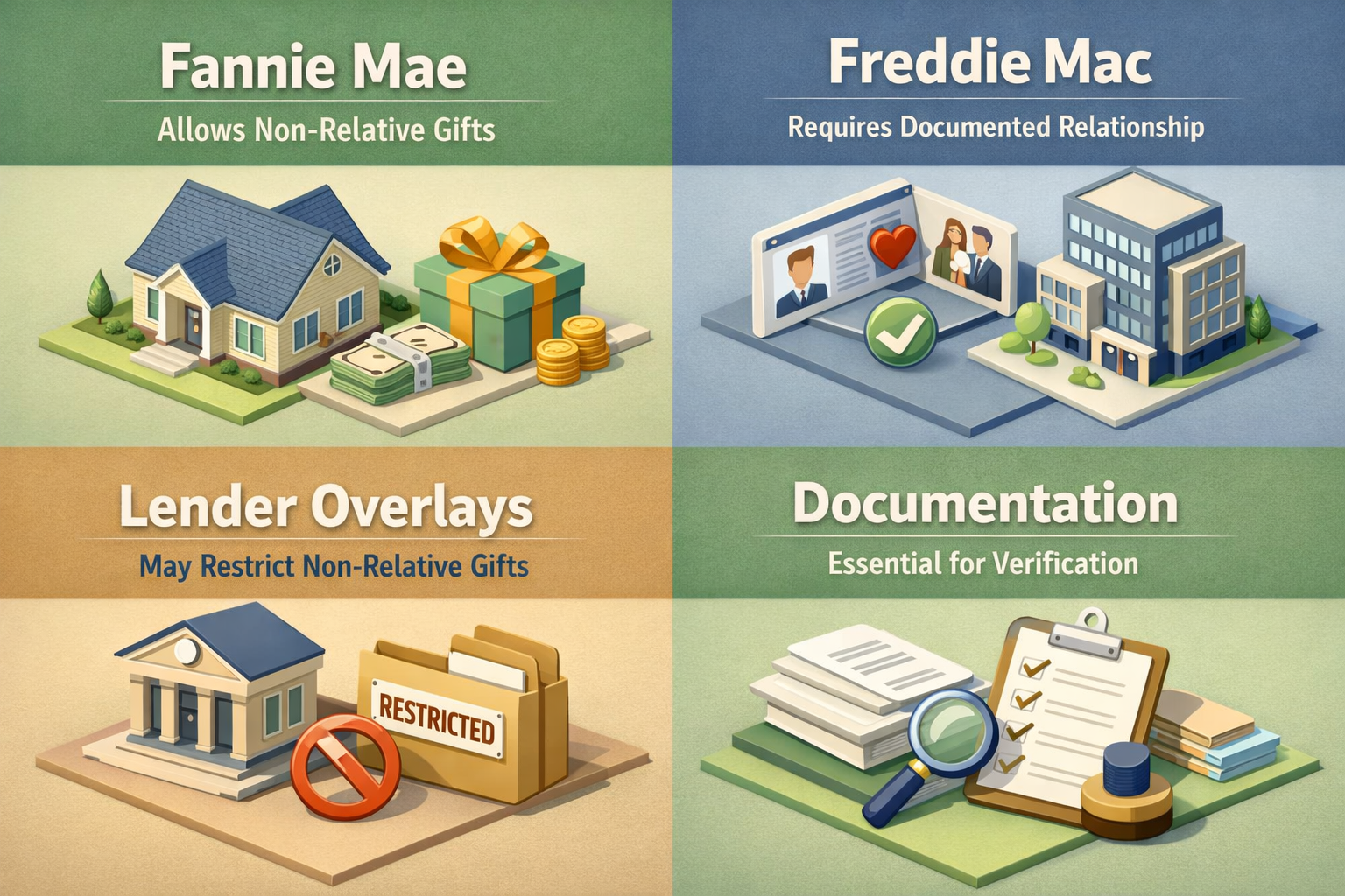 Infographic showing Fannie Mae and Freddie Mac guidelines for non-relative gift donors and documentation requirements.