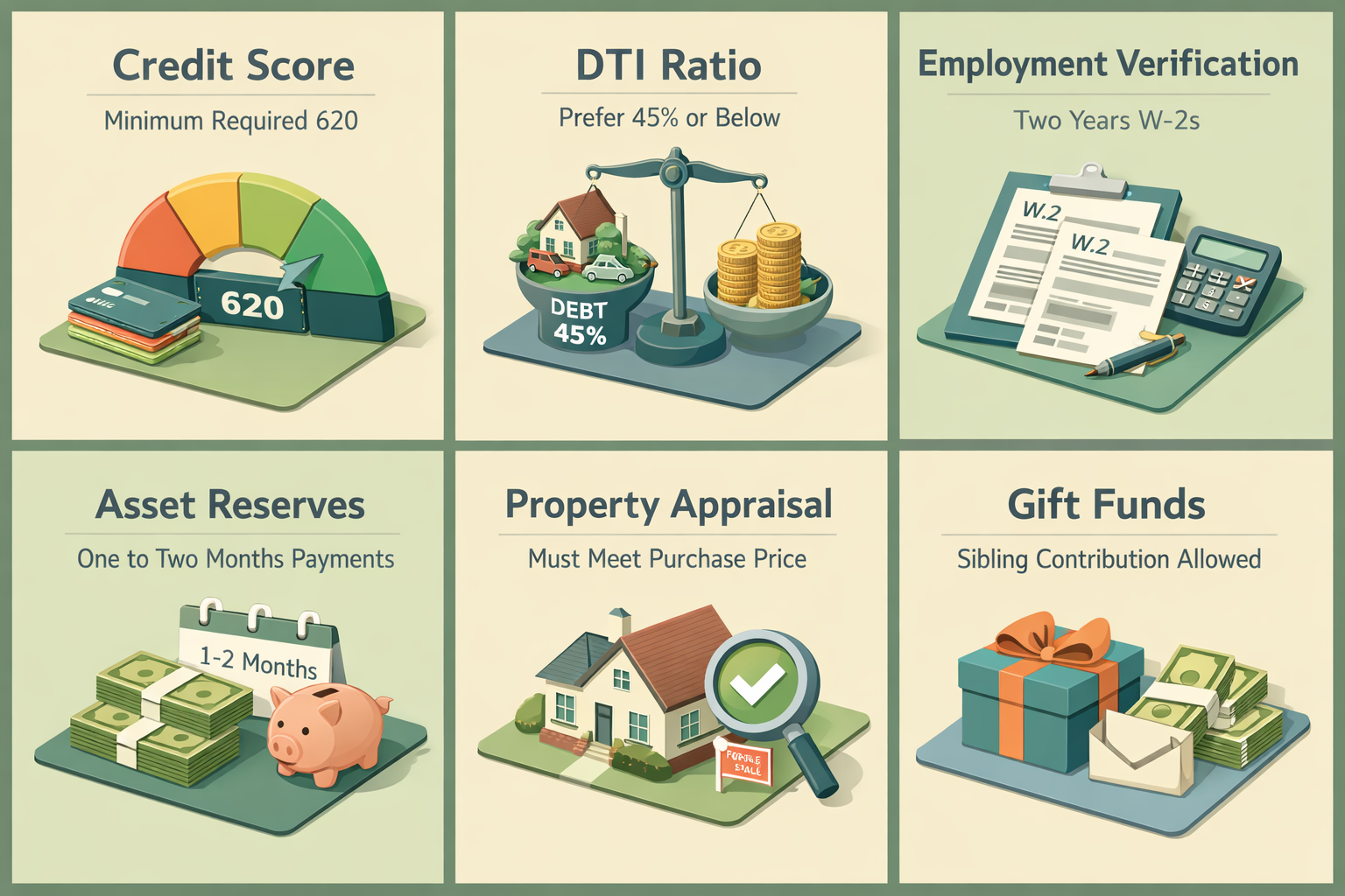 Infographic showing borrower qualification standards for a conventional loan with 5% down payment including credit score and DTI ratio.
