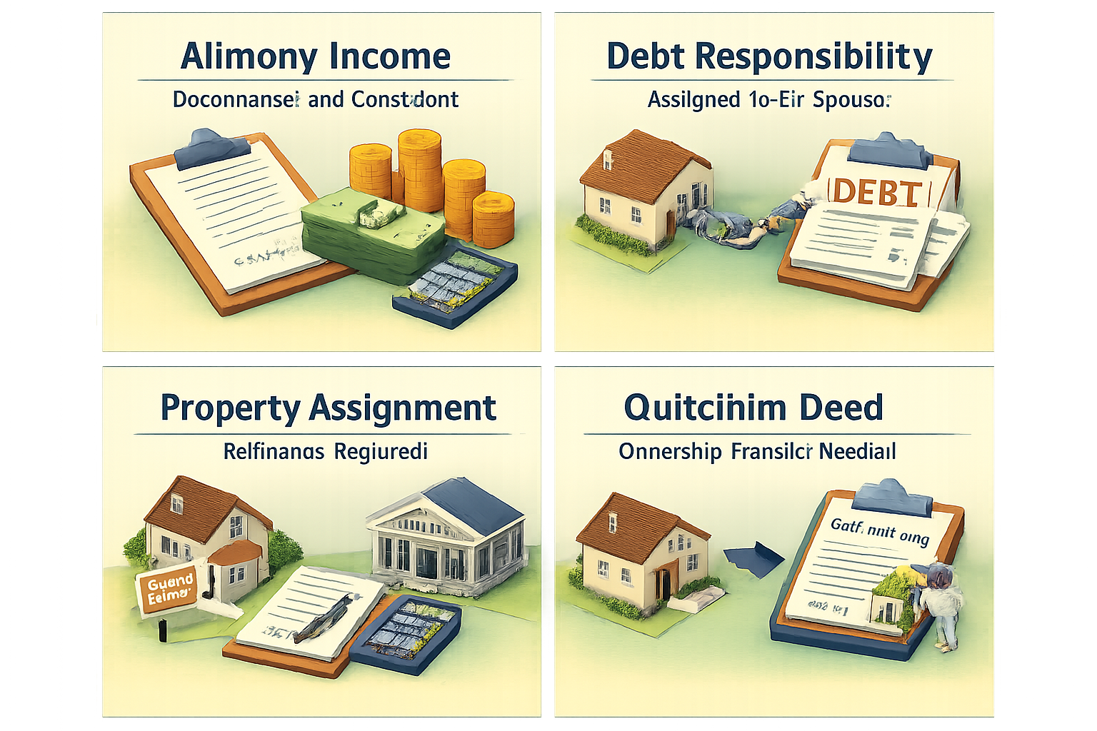 Infographic showing key factors influencing mortgage eligibility after divorce: alimony income, debt responsibility, property assignment, and quitclaim deed.