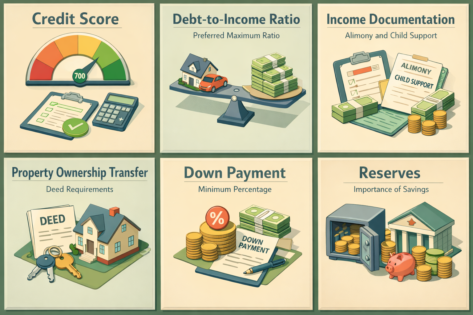 Infographic detailing requirements for conventional loan with divorce decree and shared property including credit score and DTI ratio.