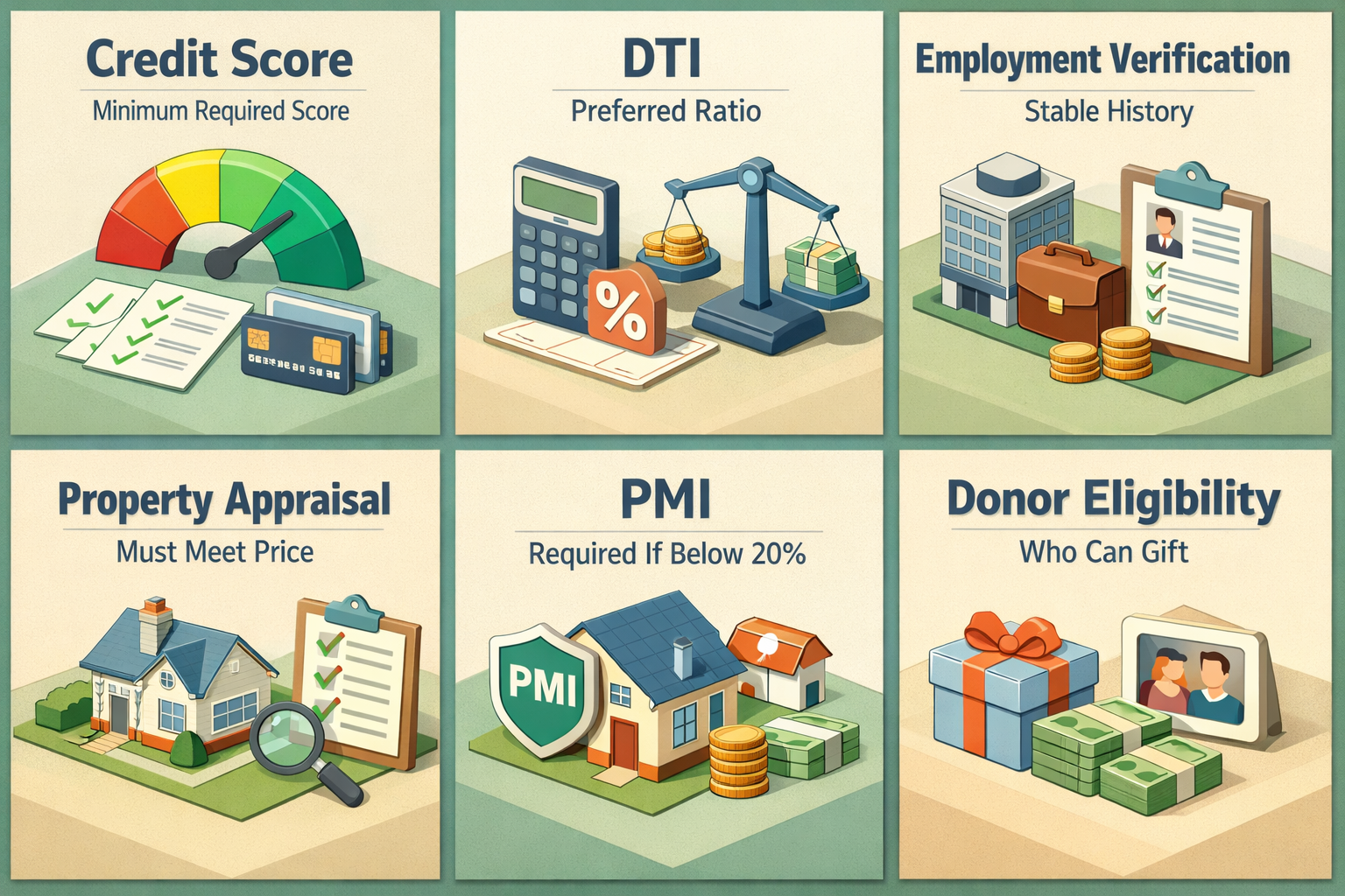 Infographic showing eligibility factors for conventional loans including credit score, DTI, employment verification, and more.