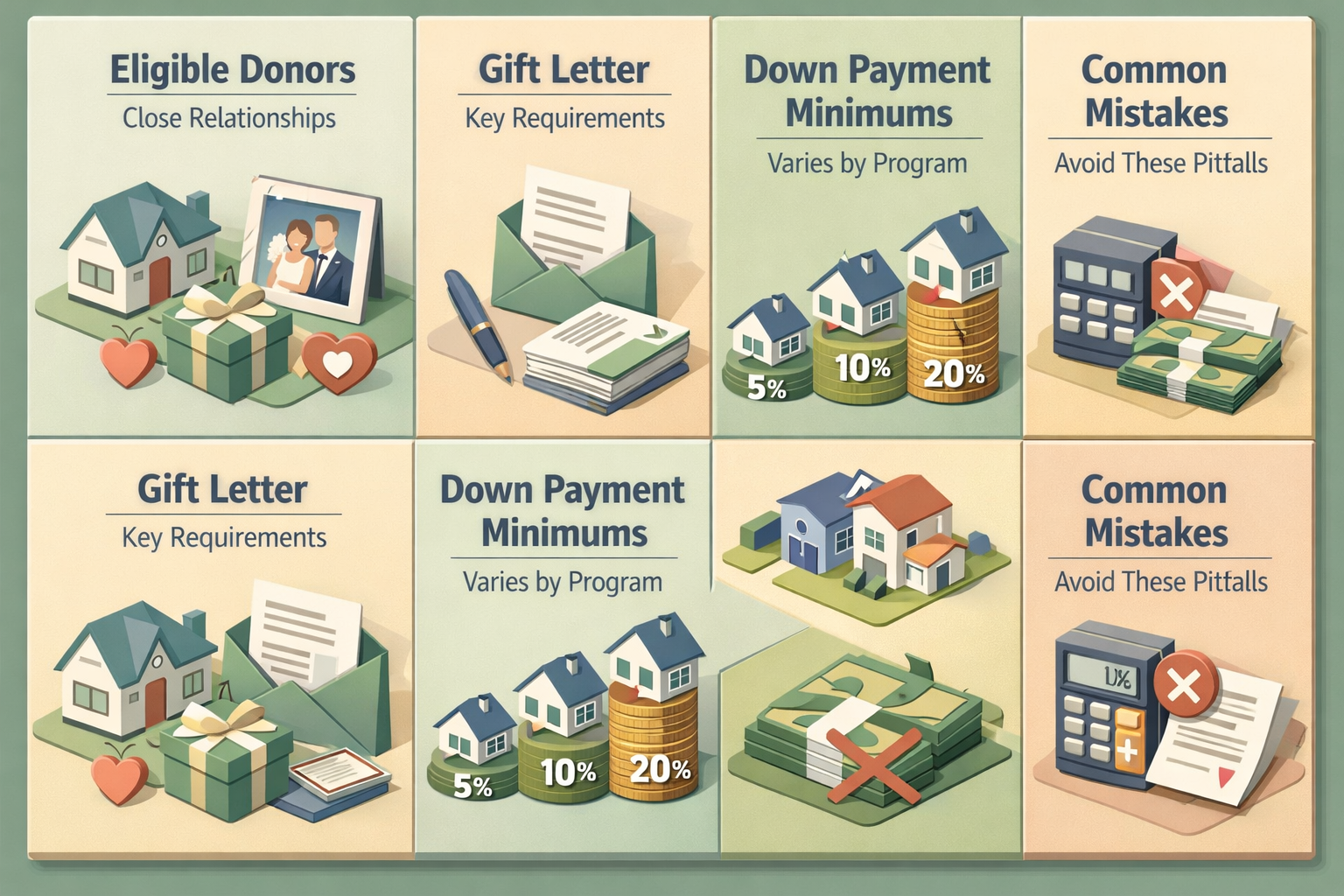 Infographic showing eligible donors, gift letter requirements, down payment minimums, and common mistakes for gifted funds.