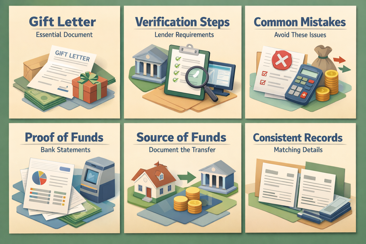 Infographic detailing the gift letter, verification steps, and common mistakes for using a sibling's gift for a down payment.