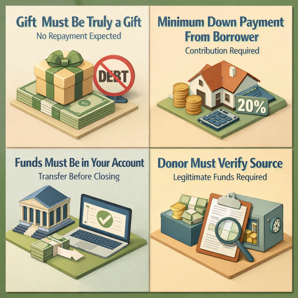 Infographic detailing requirements for a conventional loan with gifted down payment from a sibling, including key criteria and documentation.