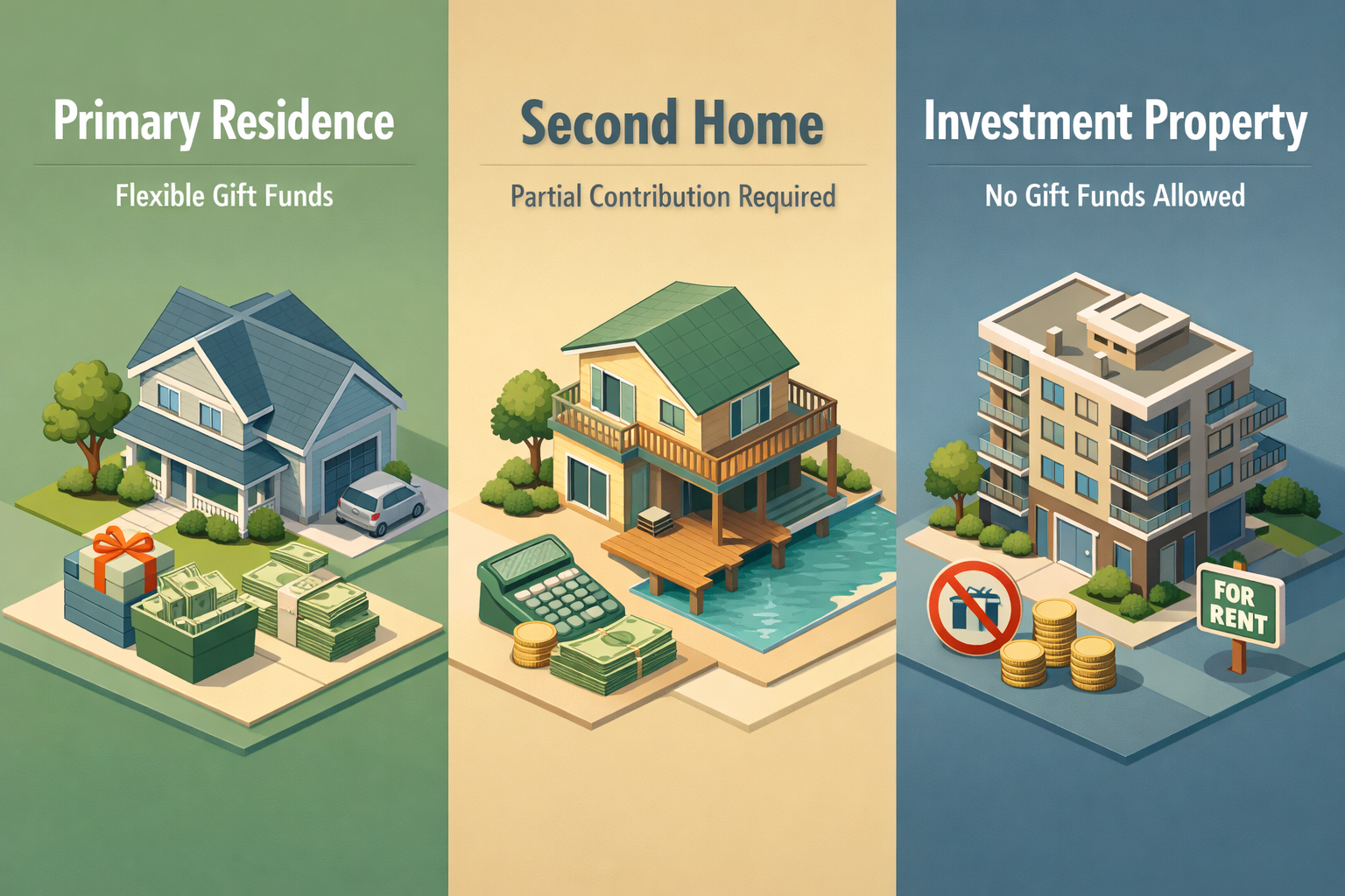 Infographic showing requirements for conventional loan with gifted down payment based on property type: primary residence, second home, investment property.