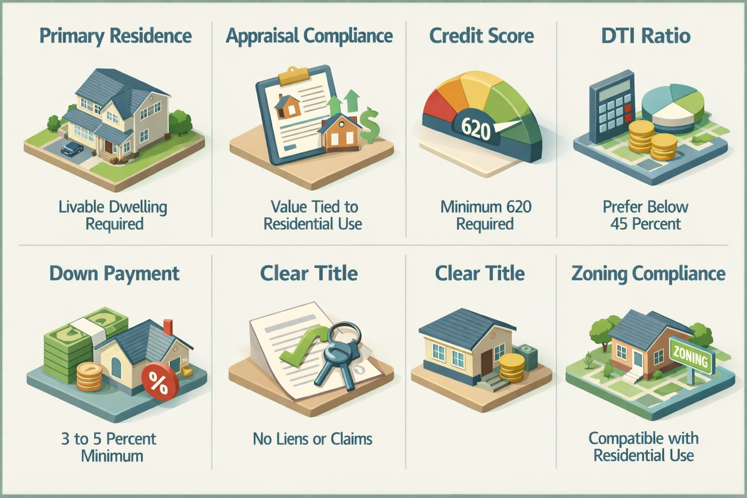 Infographic detailing requirements for a conventional loan with inherited farm land including primary residence, appraisal, credit score, and more.
