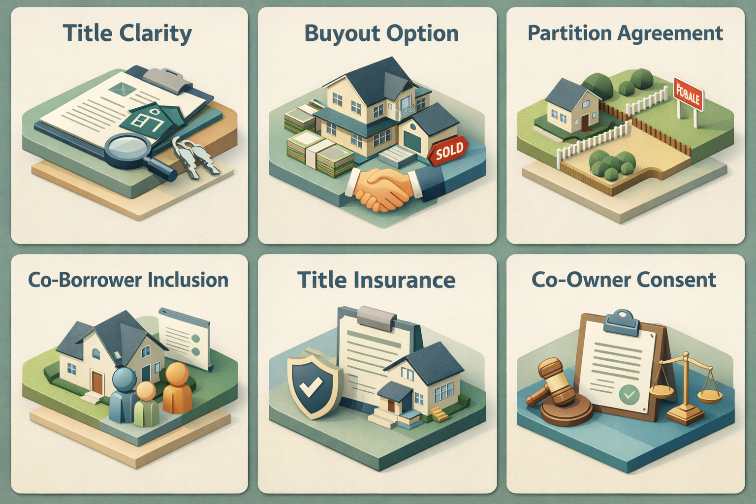 Infographic showing requirements for conventional loans with inherited partial ownership, including title clarity and co-owner consent.