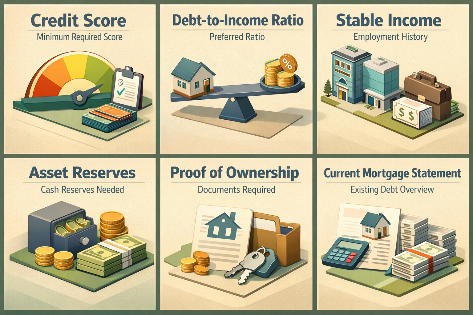 Infographic showing credit score, debt-to-income ratio, stable income, asset reserves, proof of ownership, and current mortgage statement requirements.