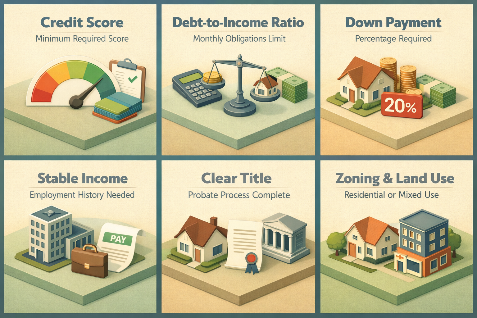 Infographic detailing requirements for conventional loan eligibility for inherited vacant land including credit score and down payment.