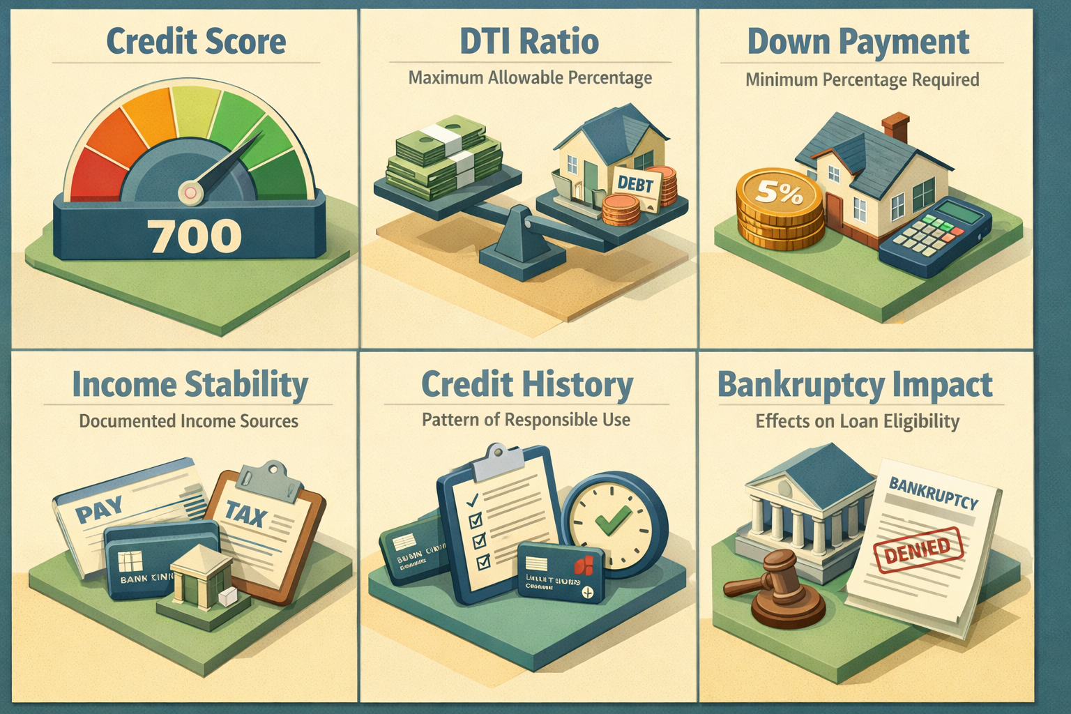 Infographic showing requirements for a conventional loan including credit score, DTI ratio, down payment, income stability, credit history, and bankruptcy impact.