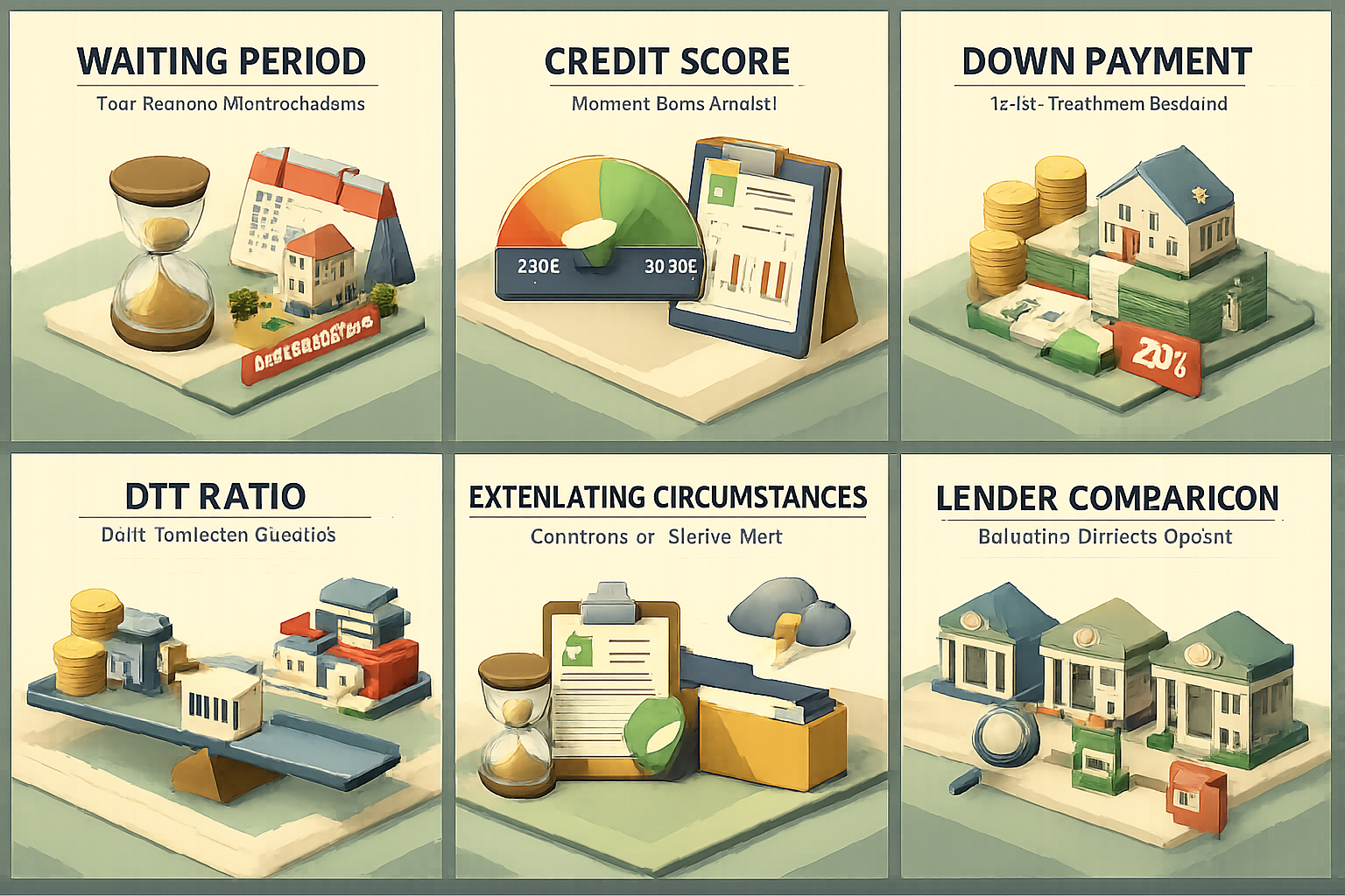 Infographic detailing requirements for conventional loans after foreclosure, including waiting period, credit score, down payment, and DTI ratio.