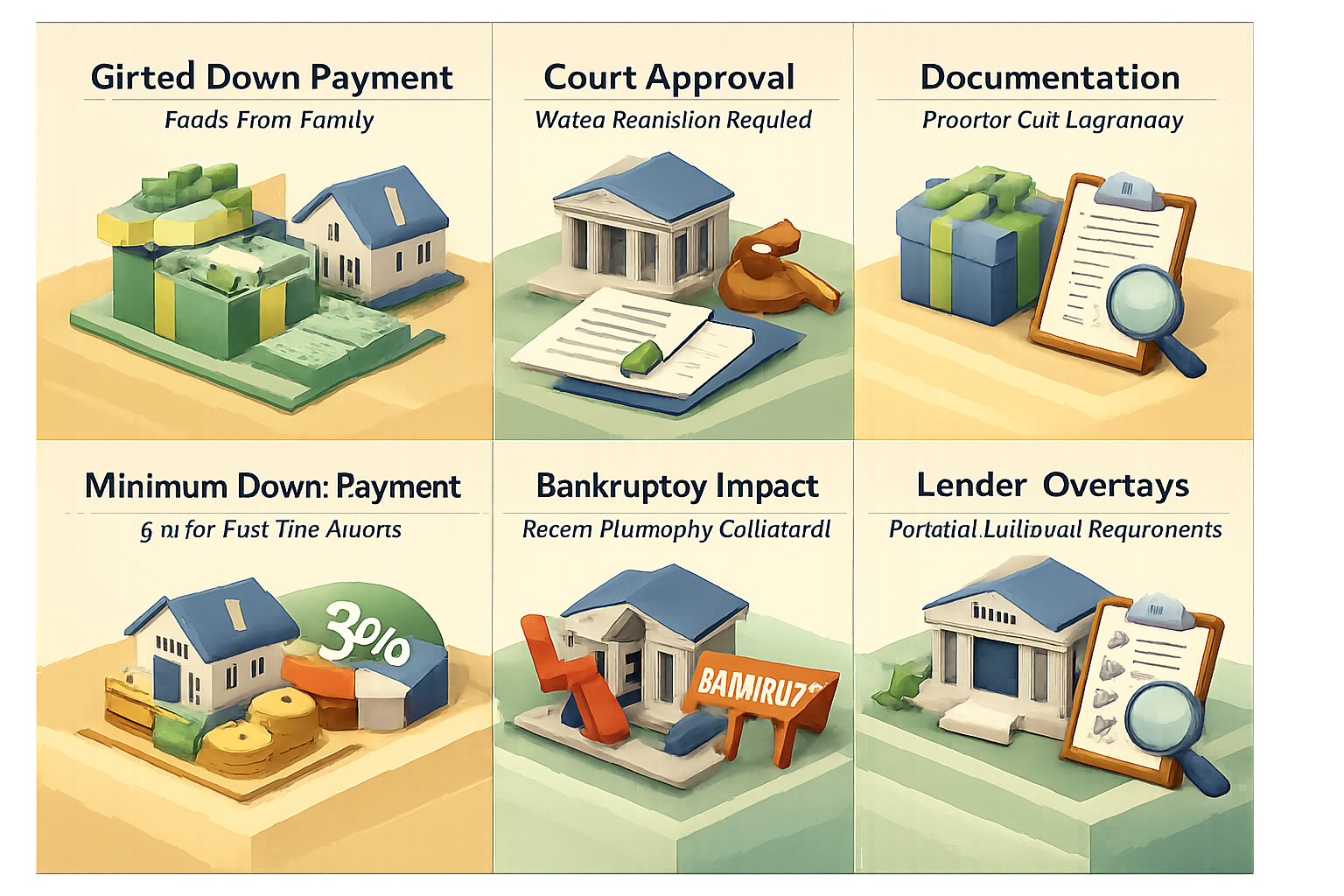Infographic detailing requirements for a conventional loan with recent Chapter 13 bankruptcy and gifted down payment, including key factors.