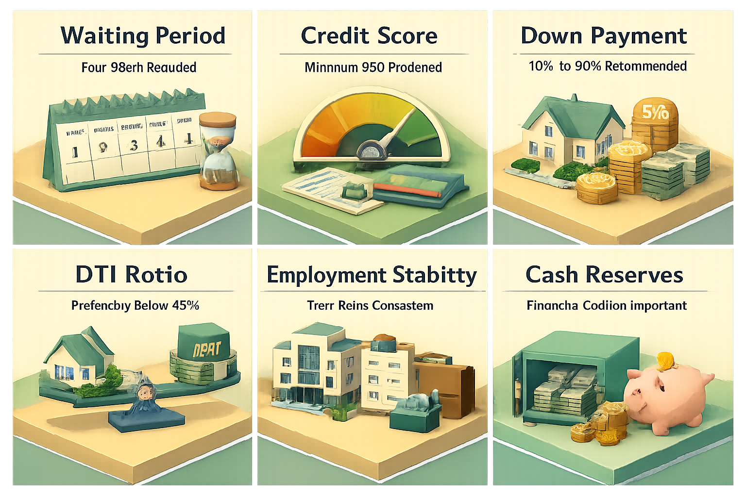 Infographic detailing requirements for a conventional loan after Chapter 7 bankruptcy including waiting period, credit score, down payment, DTI, employment stability, and cash reserves.