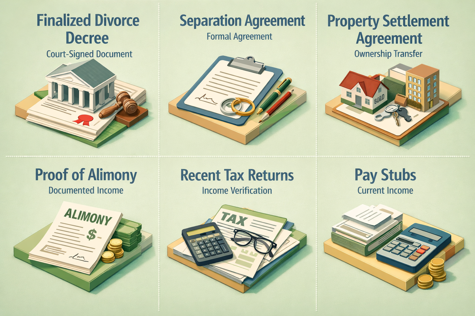 Infographic showing key documents lenders require after divorce including divorce decree, separation agreement, and proof of income.
