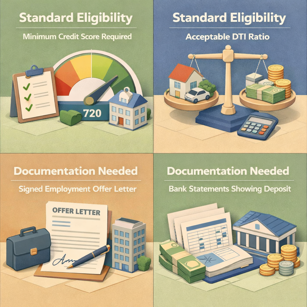 Infographic detailing requirements for a conventional loan with a relocation bonus, including eligibility and documentation needed.