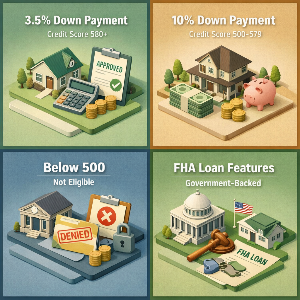 Infographic showing FHA loan down payment requirements including 3.5%, 10%, and eligibility criteria for credit scores.
