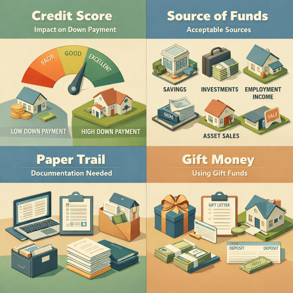 Infographic showing FHA loan down payment requirements including credit score impact, acceptable fund sources, documentation needed, and gift money rules.