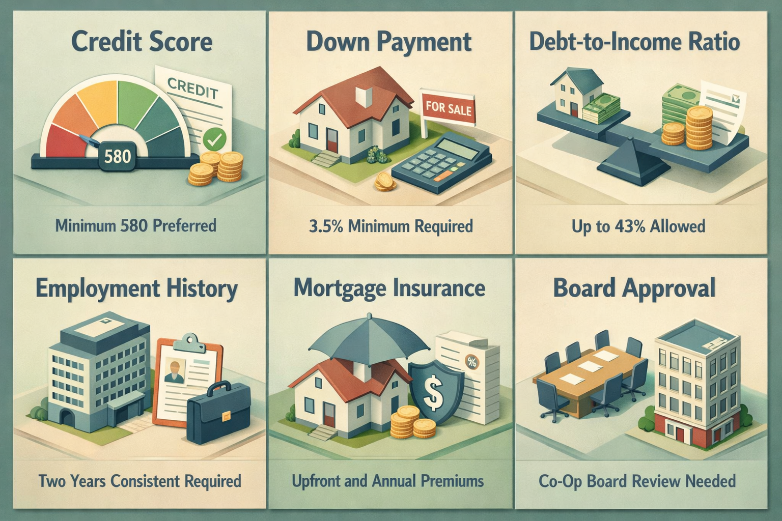 FHA loan requirements for co-operative apartments with 40-year mortgages including credit score, down payment, and board approval.