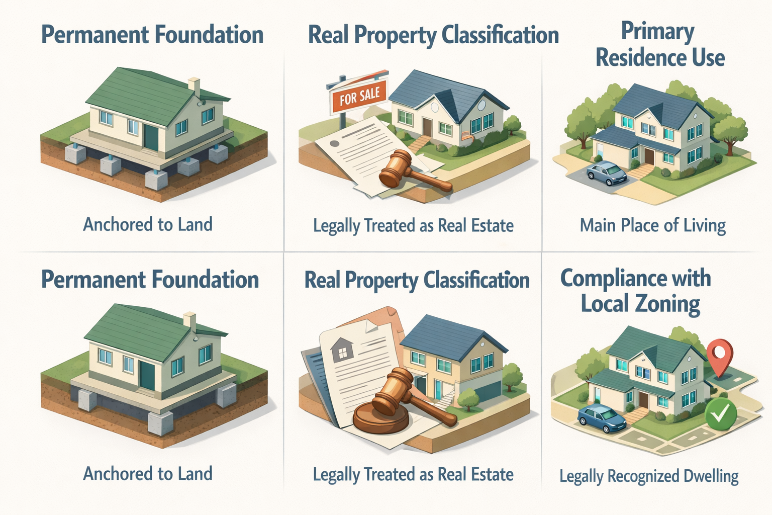 Infographic detailing FHA loan requirements for tiny homes including foundation, property classification, residence use, and zoning compliance.