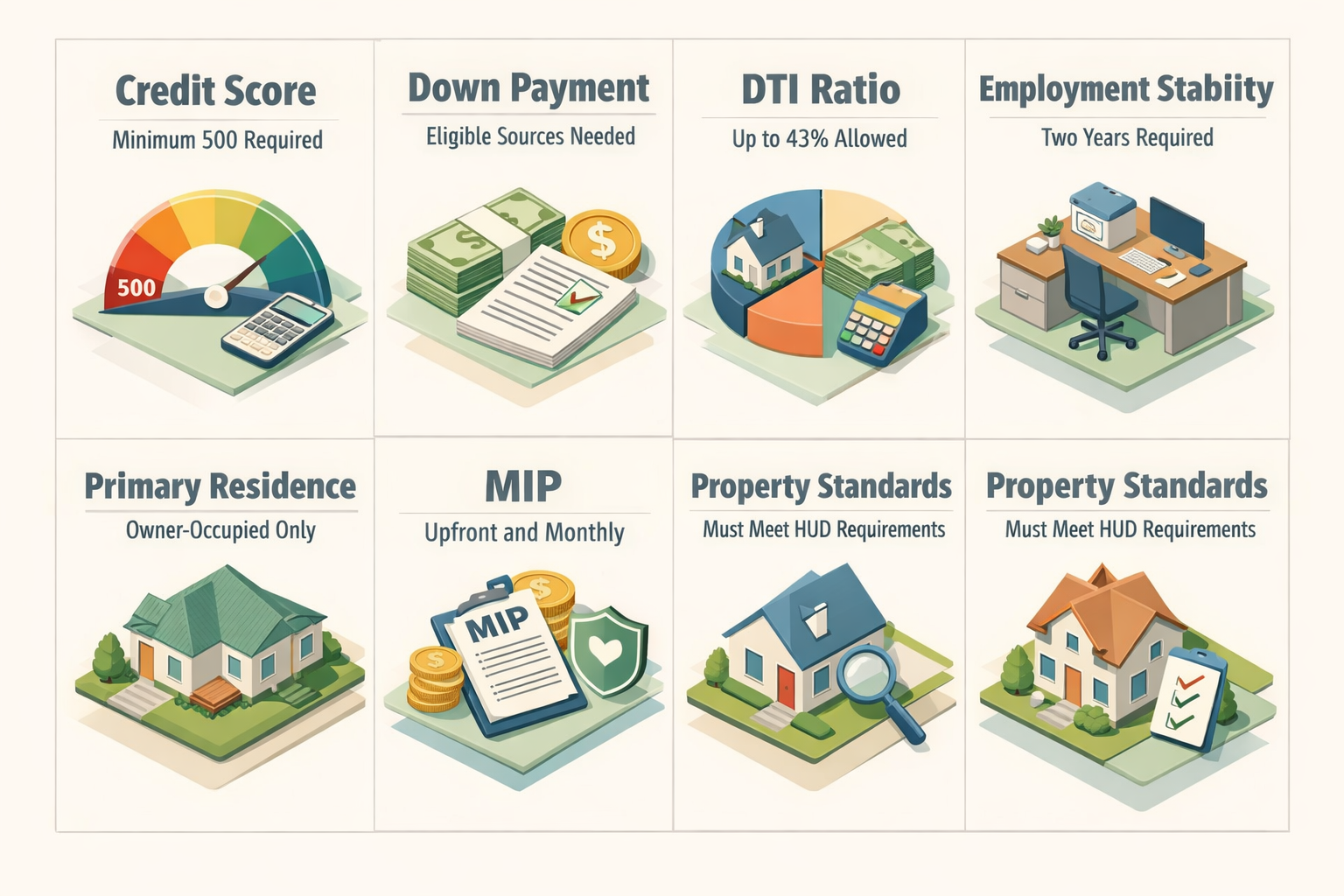 Infographic detailing FHA loan requirements including credit score, down payment, DTI ratio, employment stability, and more.