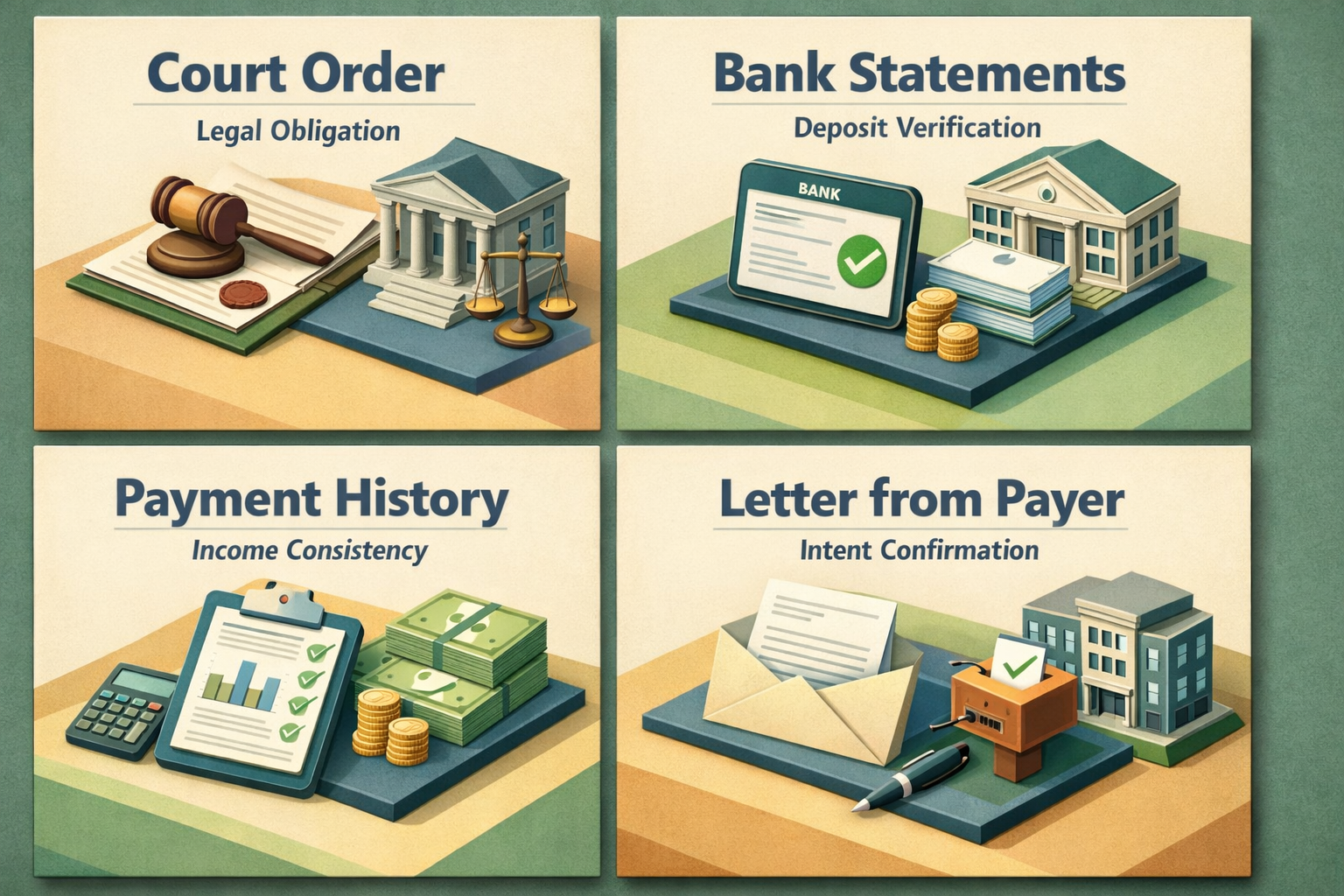 Infographic showing documentation needed to verify child support income for FHA loans, including court order and bank statements.
