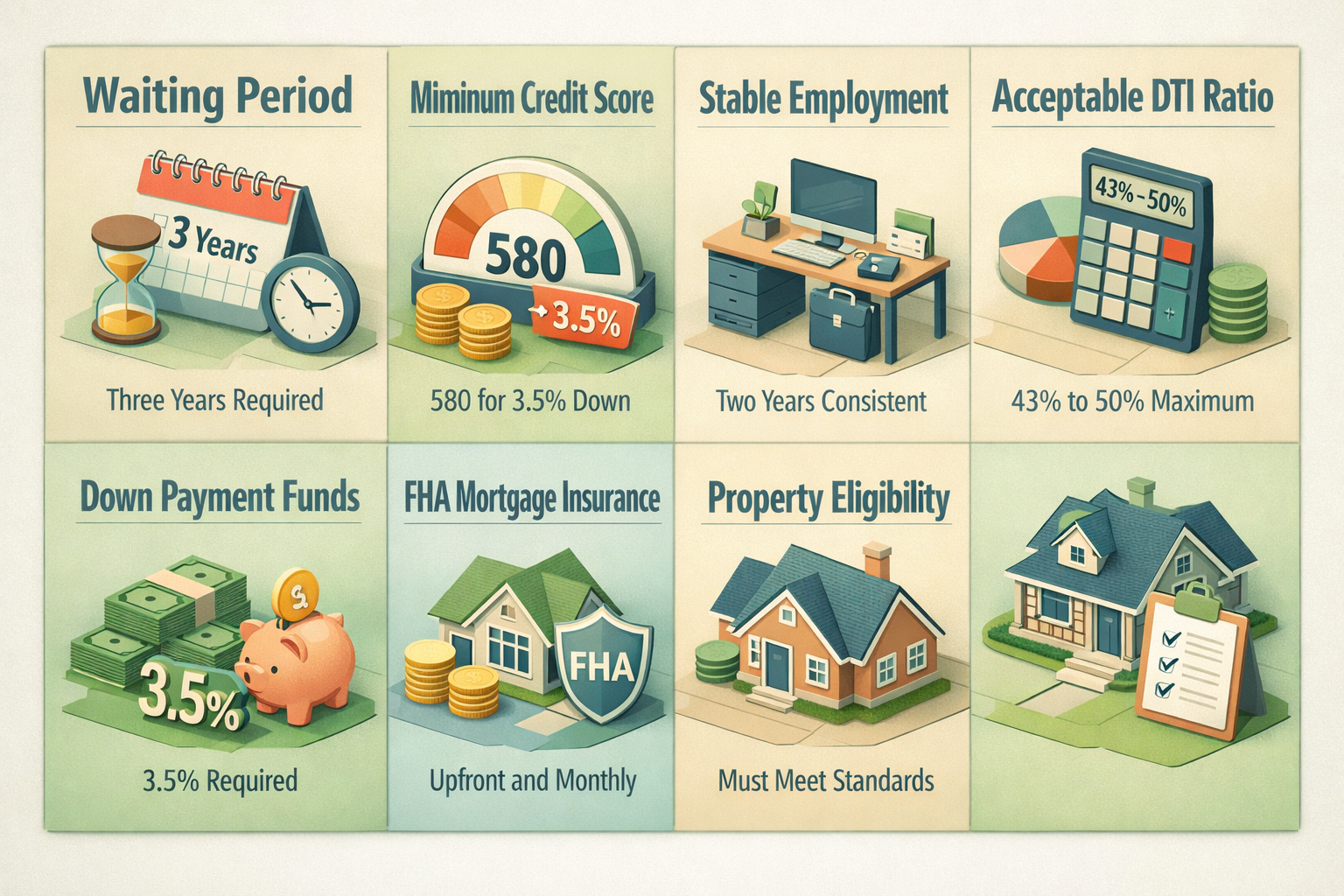 Requirements for FHA loan with foreclosure and student debt, including waiting period, credit score, employment, DTI, down payment, insurance, and property eligibility.