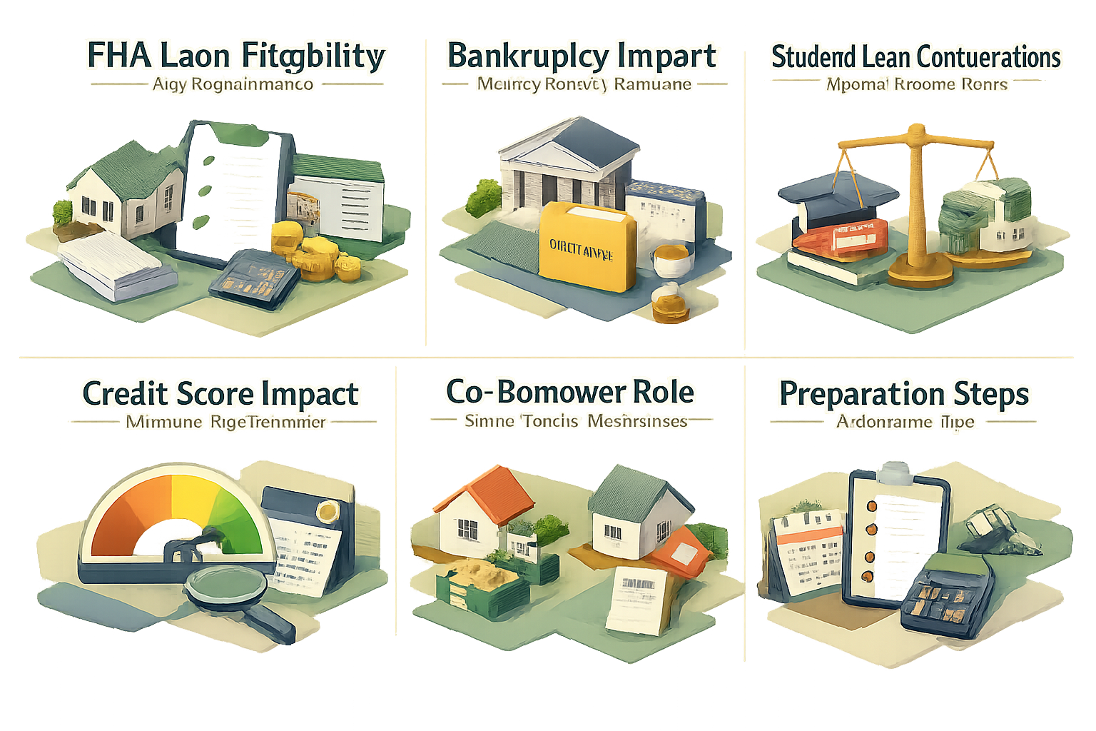 Infographic detailing FHA loan eligibility, bankruptcy impact, student loan considerations, credit score requirements, co-borrower roles, and preparation steps.