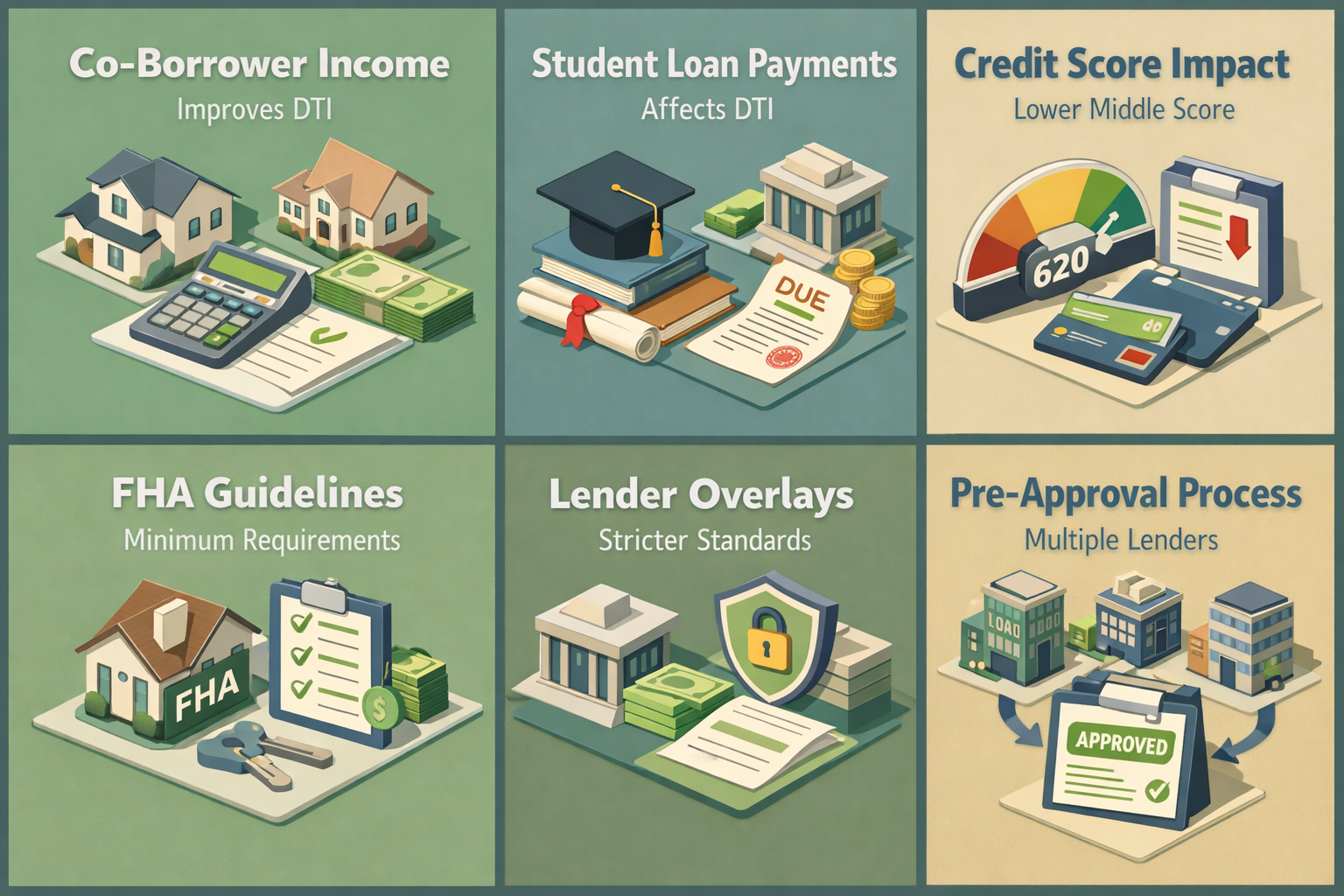Infographic explaining co-borrower income, student loan payments, credit score impact, FHA guidelines, lender overlays, and pre-approval process.