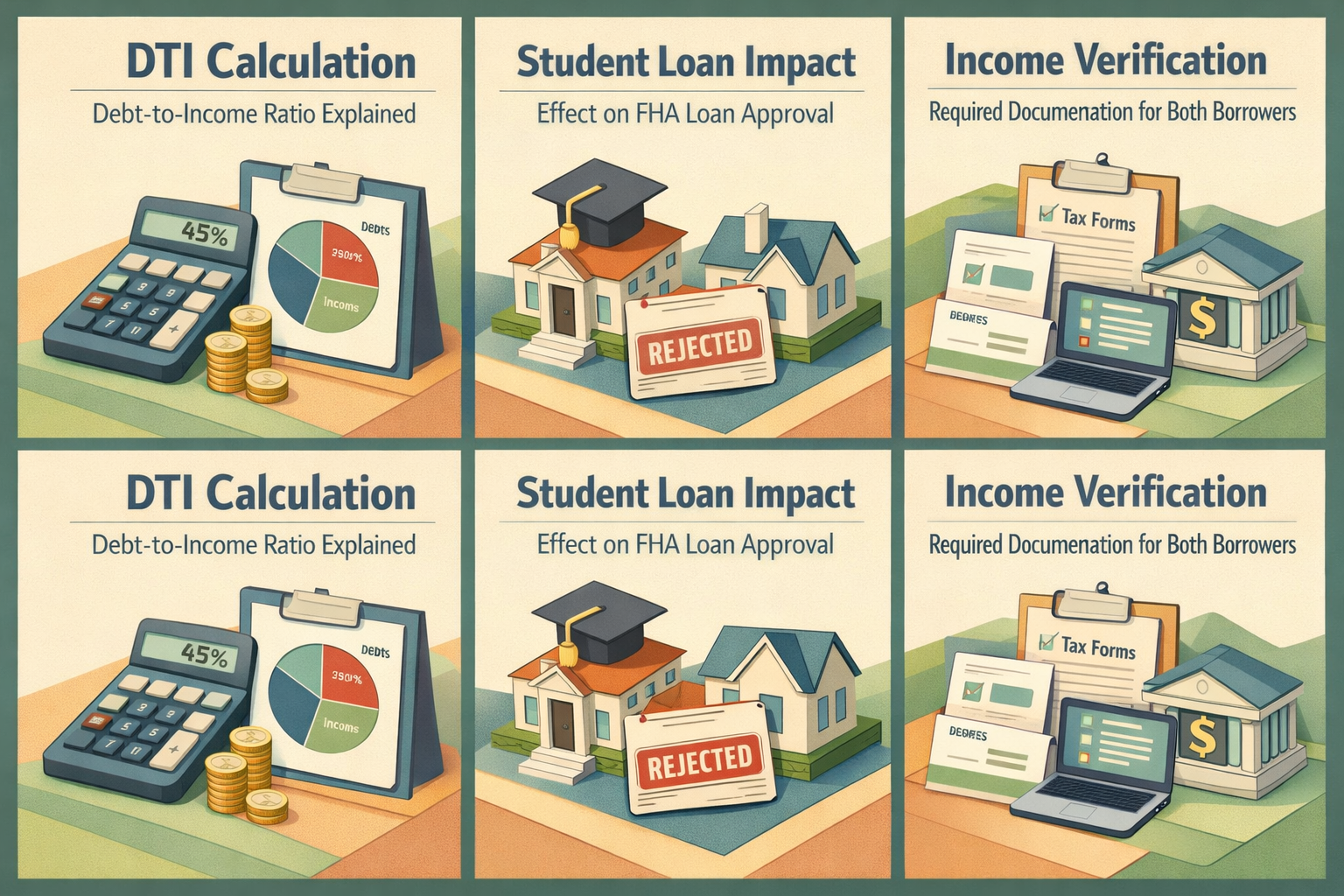 Infographic explaining DTI calculation, student loan impact, and income verification for FHA loans with co-borrowers.