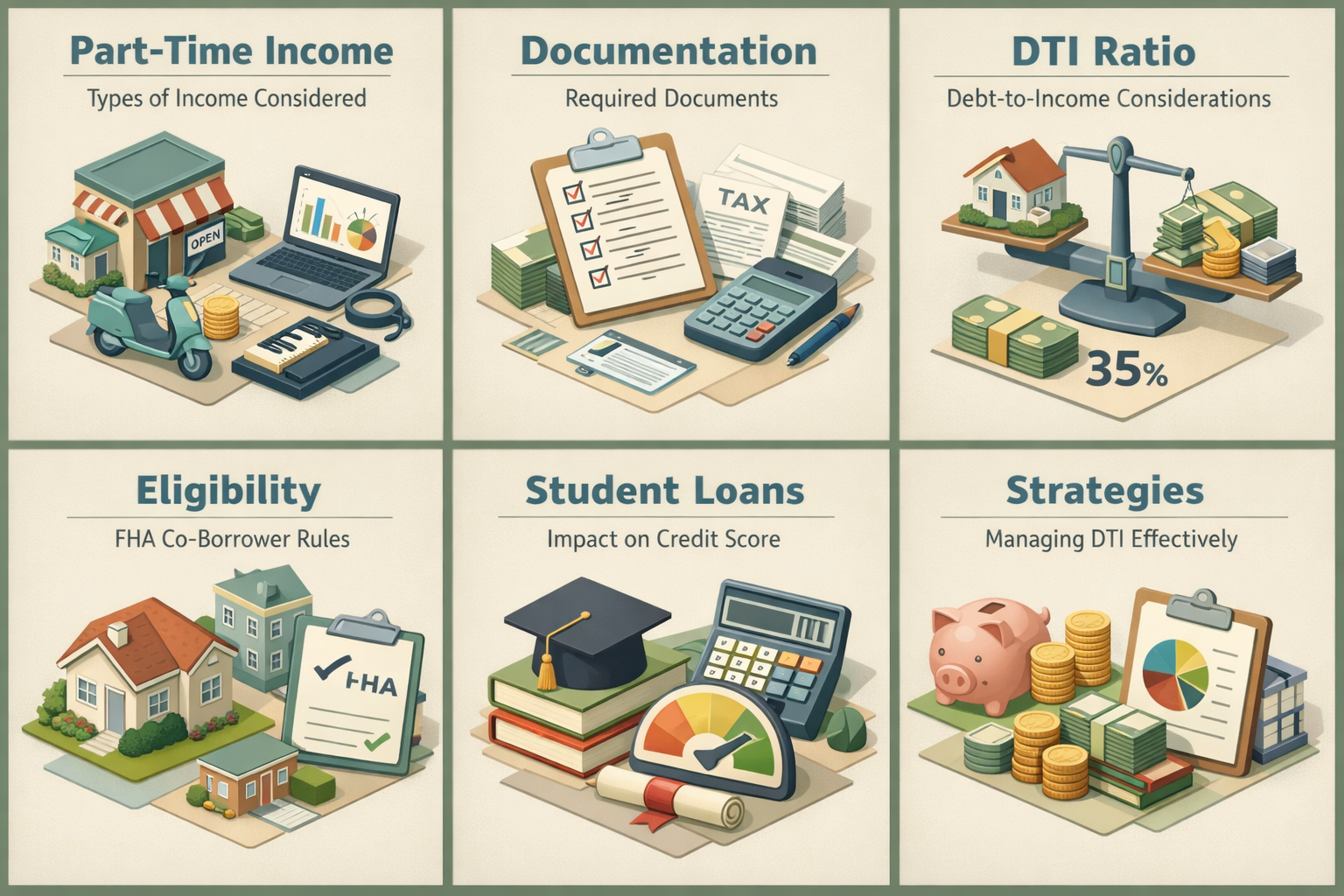 Infographic detailing part-time income types, documentation needed, DTI ratio considerations, FHA co-borrower rules, student loan credit impact, and DTI management strategies.