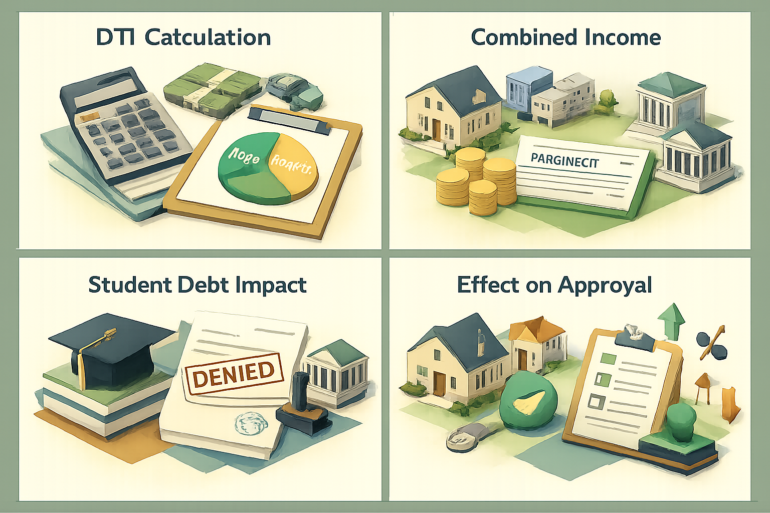 Infographic illustrating DTI calculation, combined income, and student debt impact on FHA loan approval for co-borrowers.