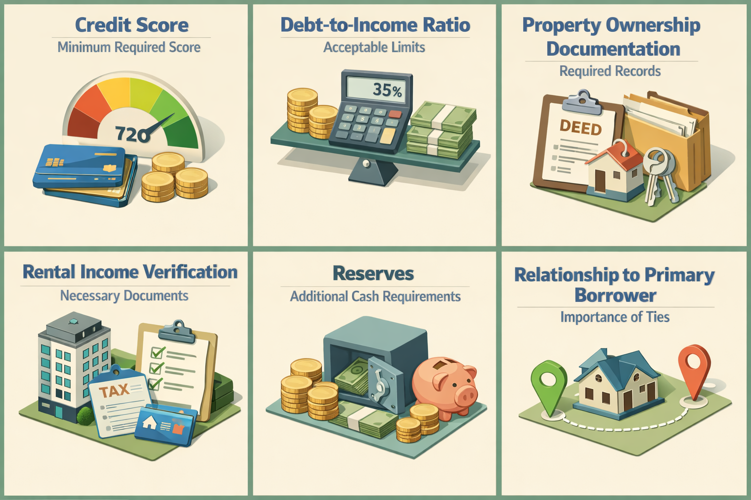 Infographic detailing requirements for FHA loan with co-signer who owns multiple properties including credit score and DTI.