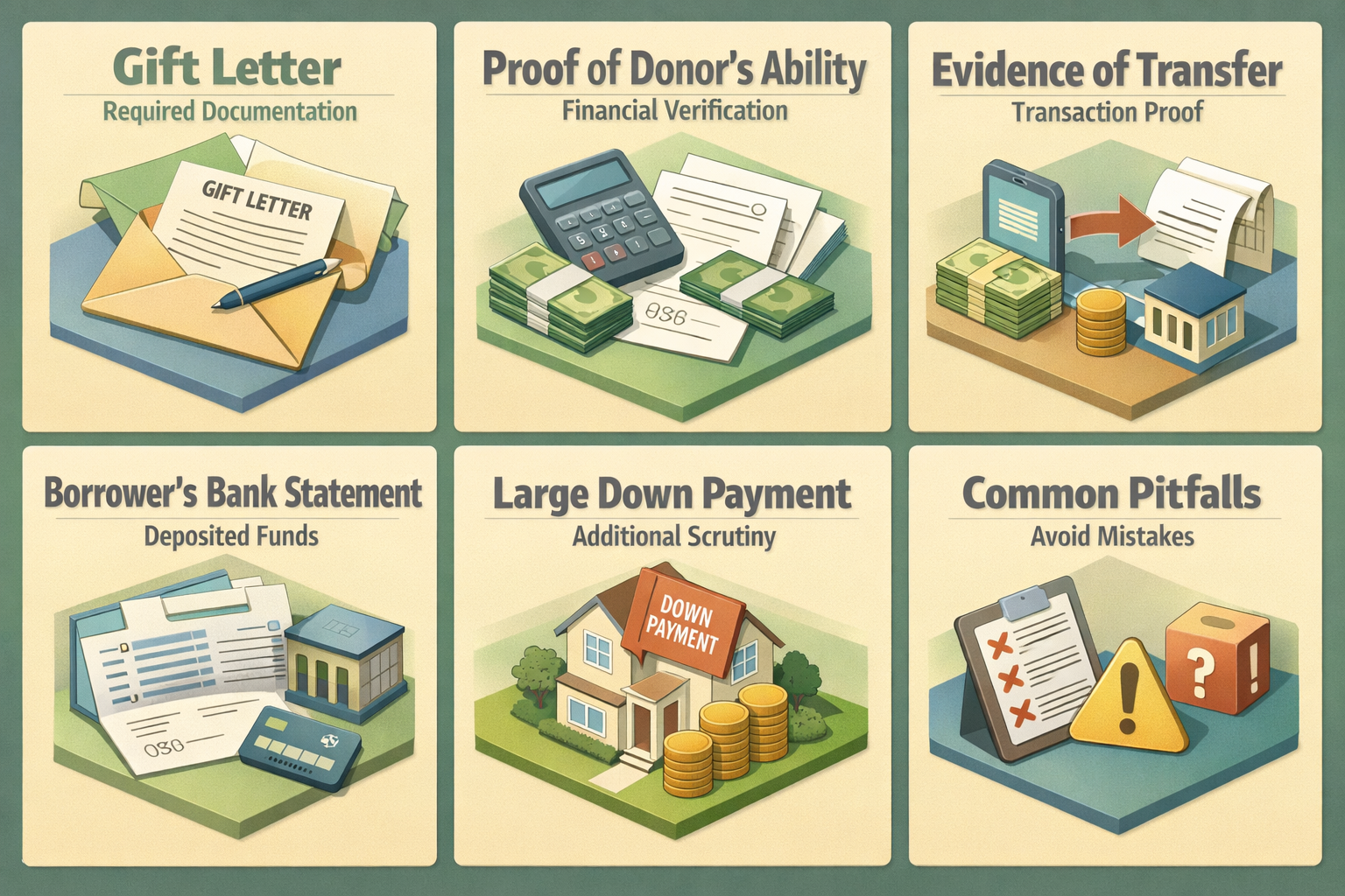 Infographic detailing documentation requirements for FHA loans with gift funds, including gift letter and common pitfalls.
