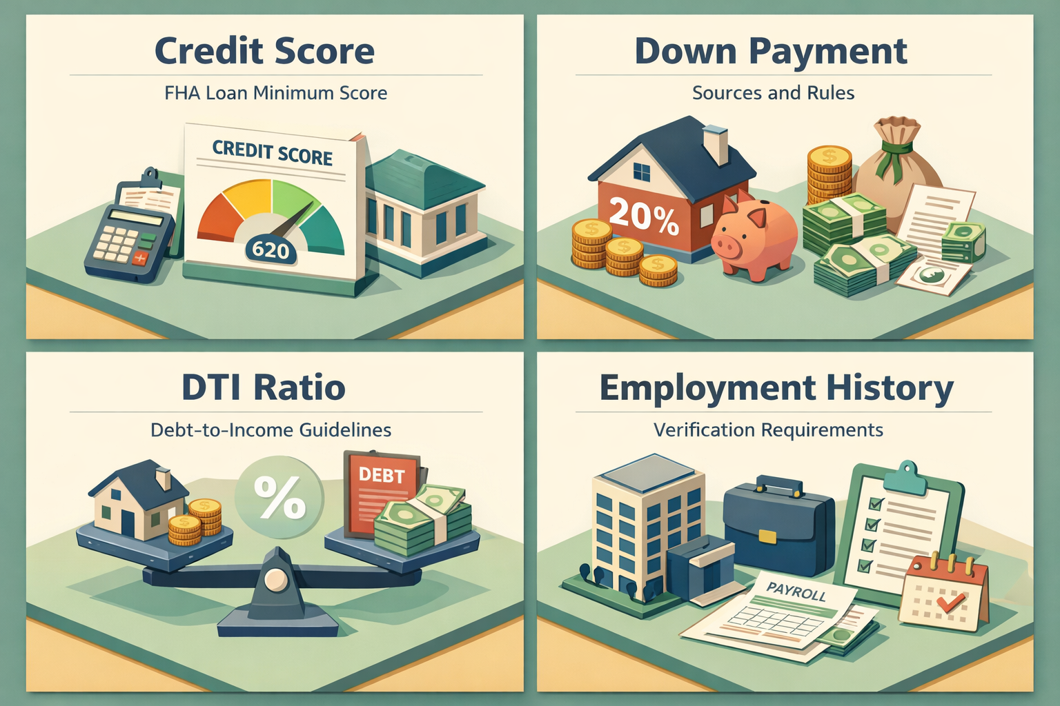 Infographic detailing FHA loan requirements including credit score, down payment sources, DTI ratio, and employment verification.