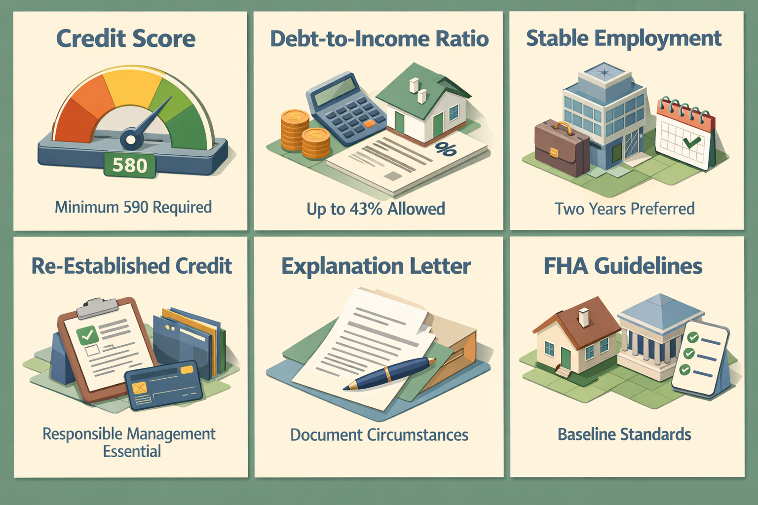 Requirements for FHA loan after bankruptcy include credit score, DTI ratio, employment stability, re-established credit, and explanation letter.