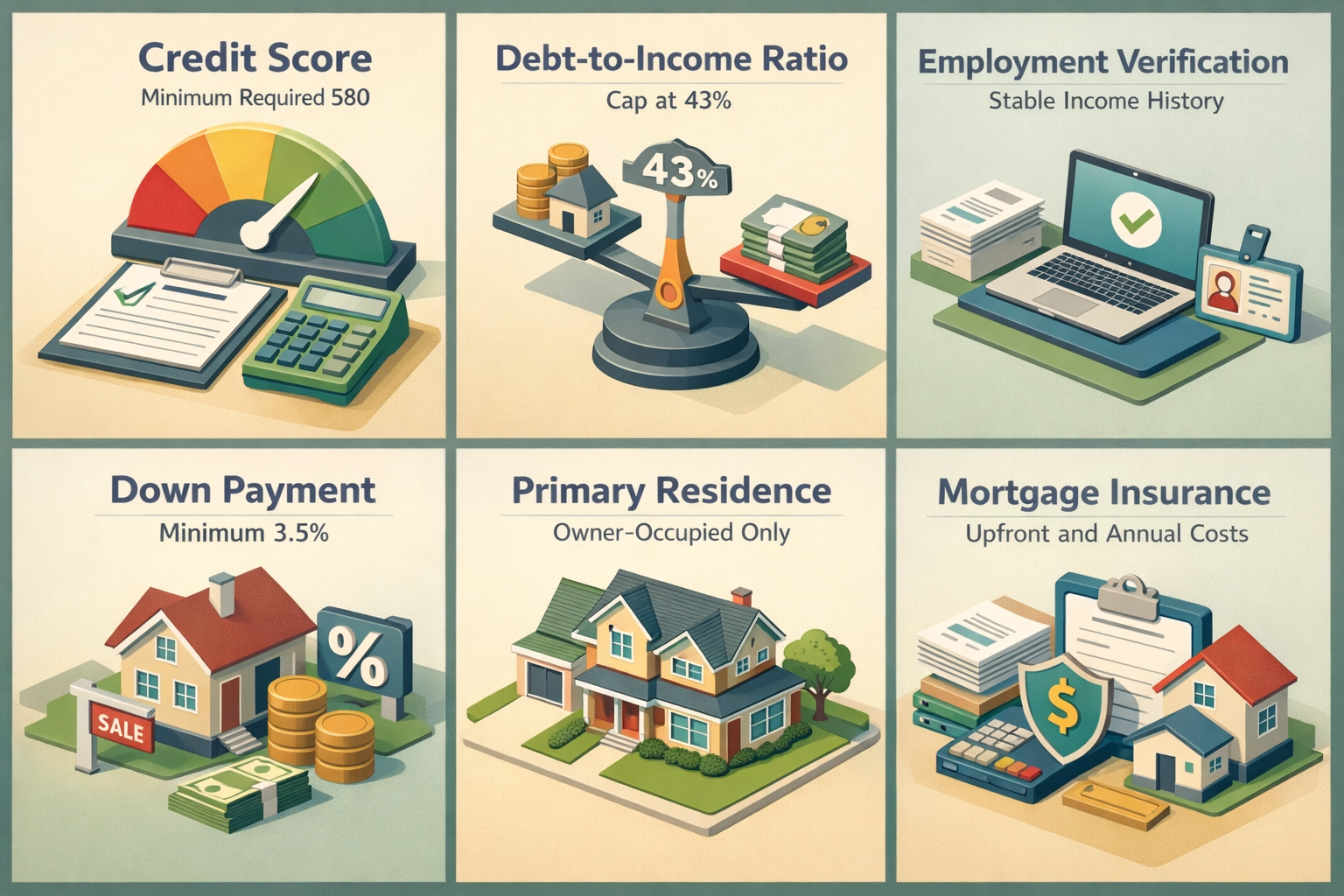 Infographic showing FHA loan requirements with student loan debt including credit score, DTI, employment, down payment, residency, and insurance.