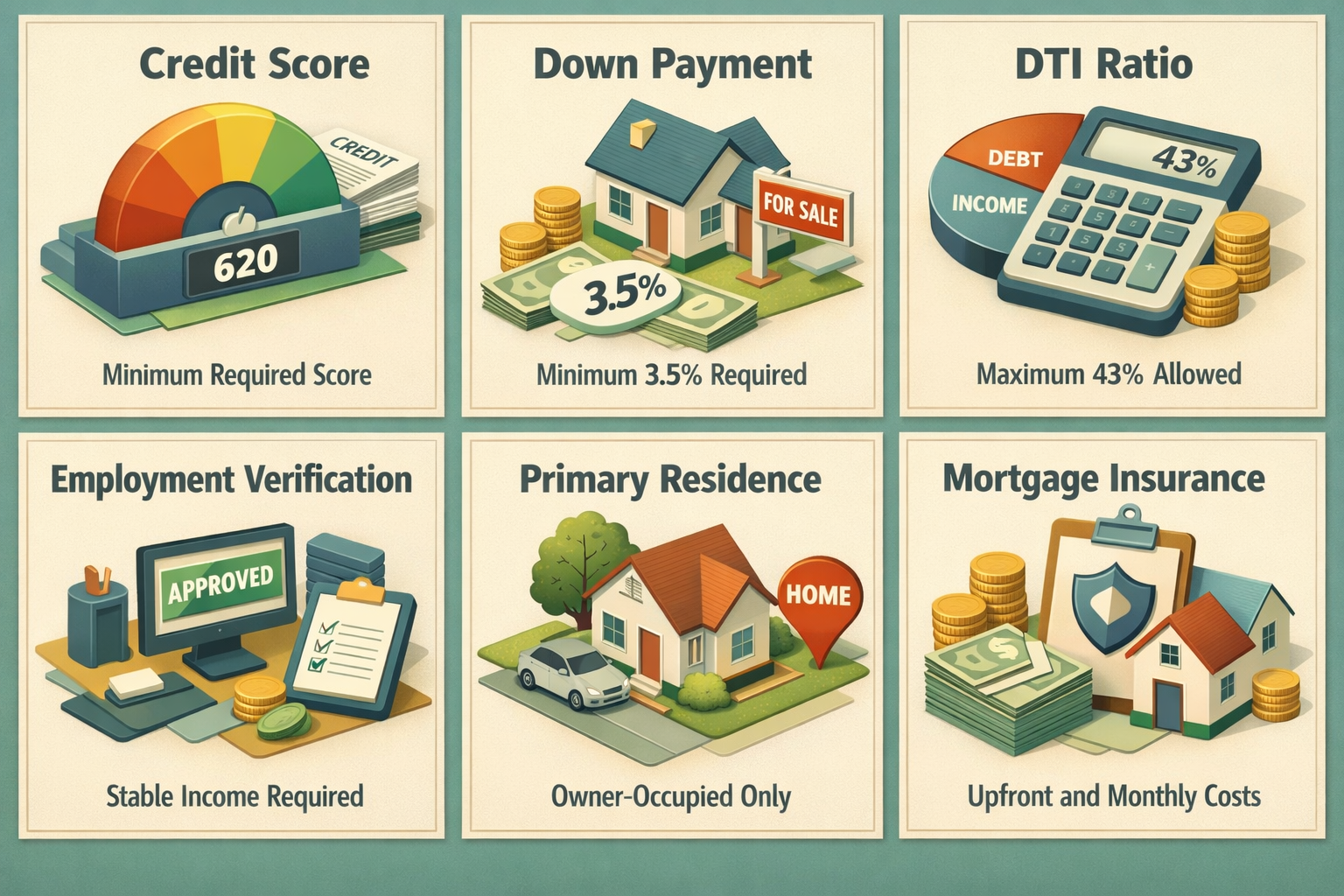 Overview of FHA loan eligibility criteria including credit score, down payment, DTI ratio, employment verification, primary residence, and mortgage insurance.