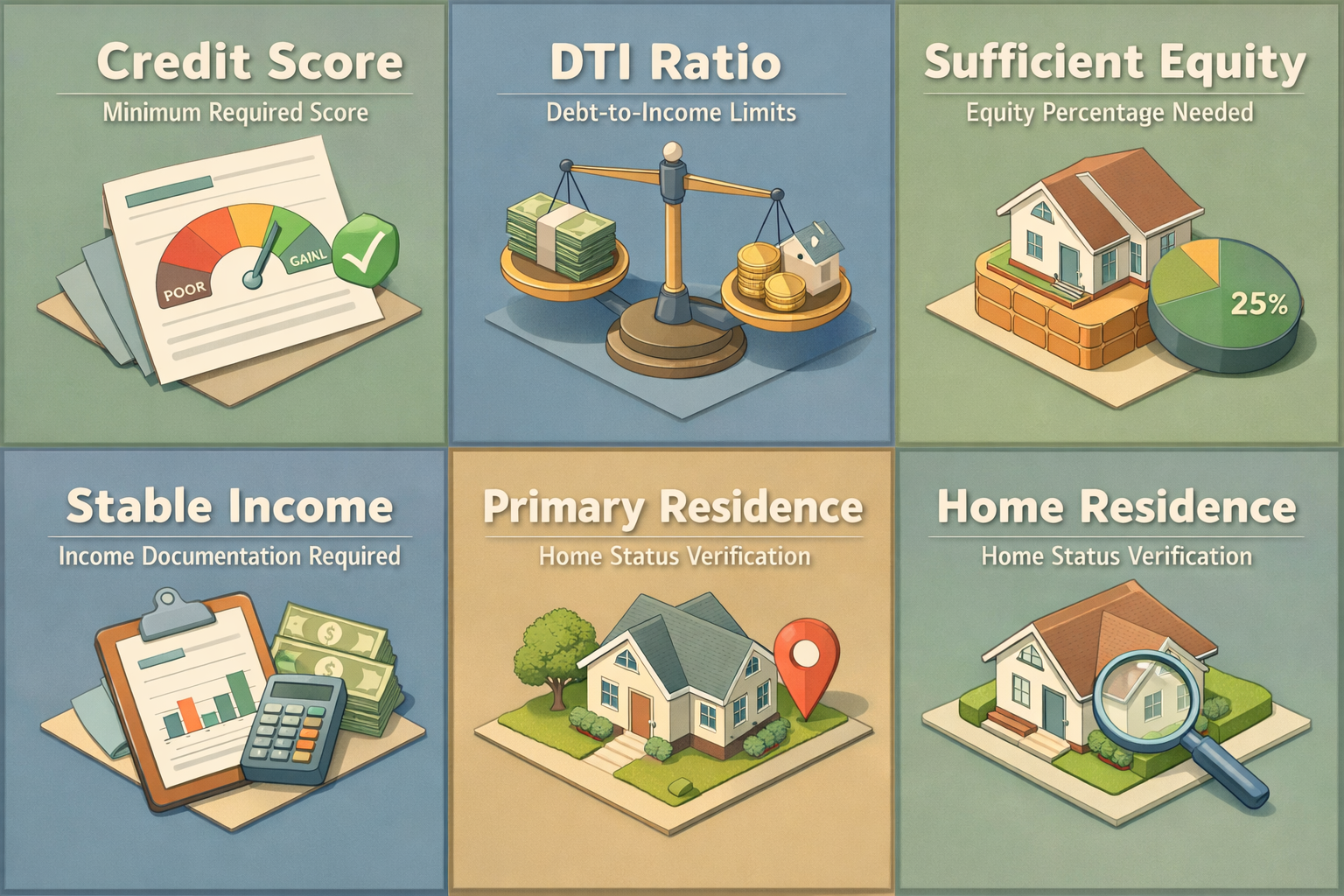 Infographic showing HELOC eligibility requirements including credit score, DTI ratio, equity, income, and primary residence status.
