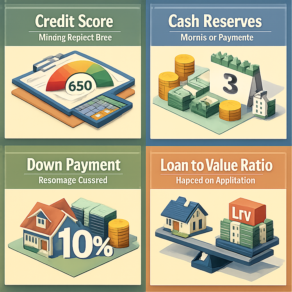 Infographic showing credit score, cash reserves, down payment, and loan-to-value ratio requirements for jumbo loans.