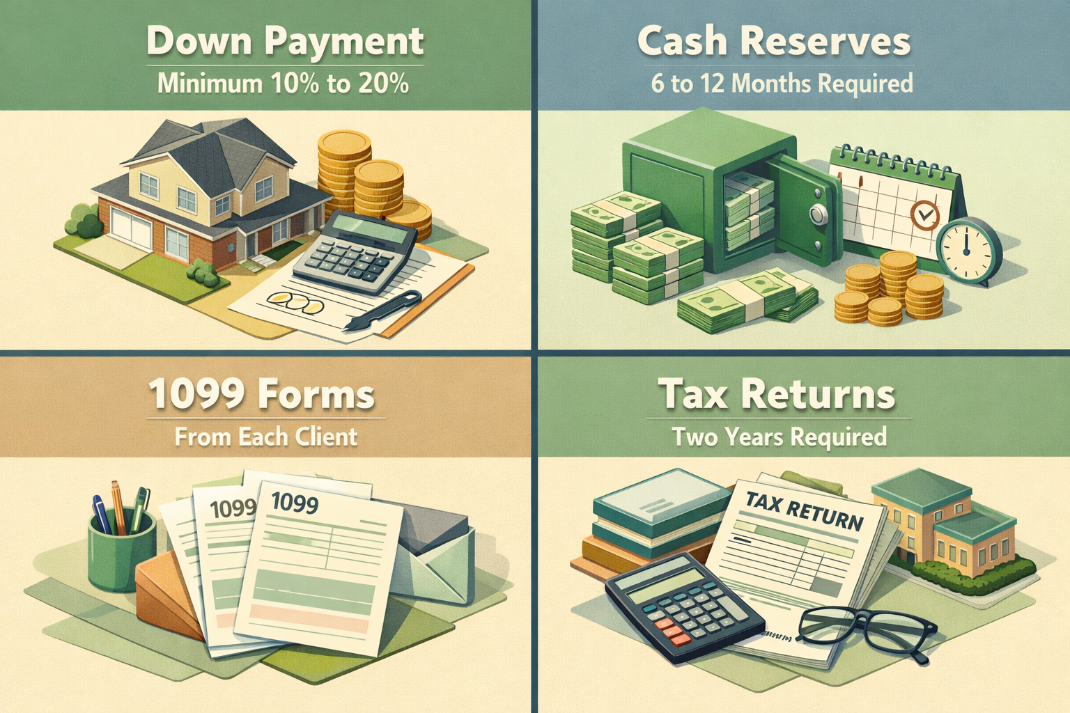 Infographic showing down payment expectations, cash reserve requirements, 1099 forms needed, and tax returns for jumbo loans.