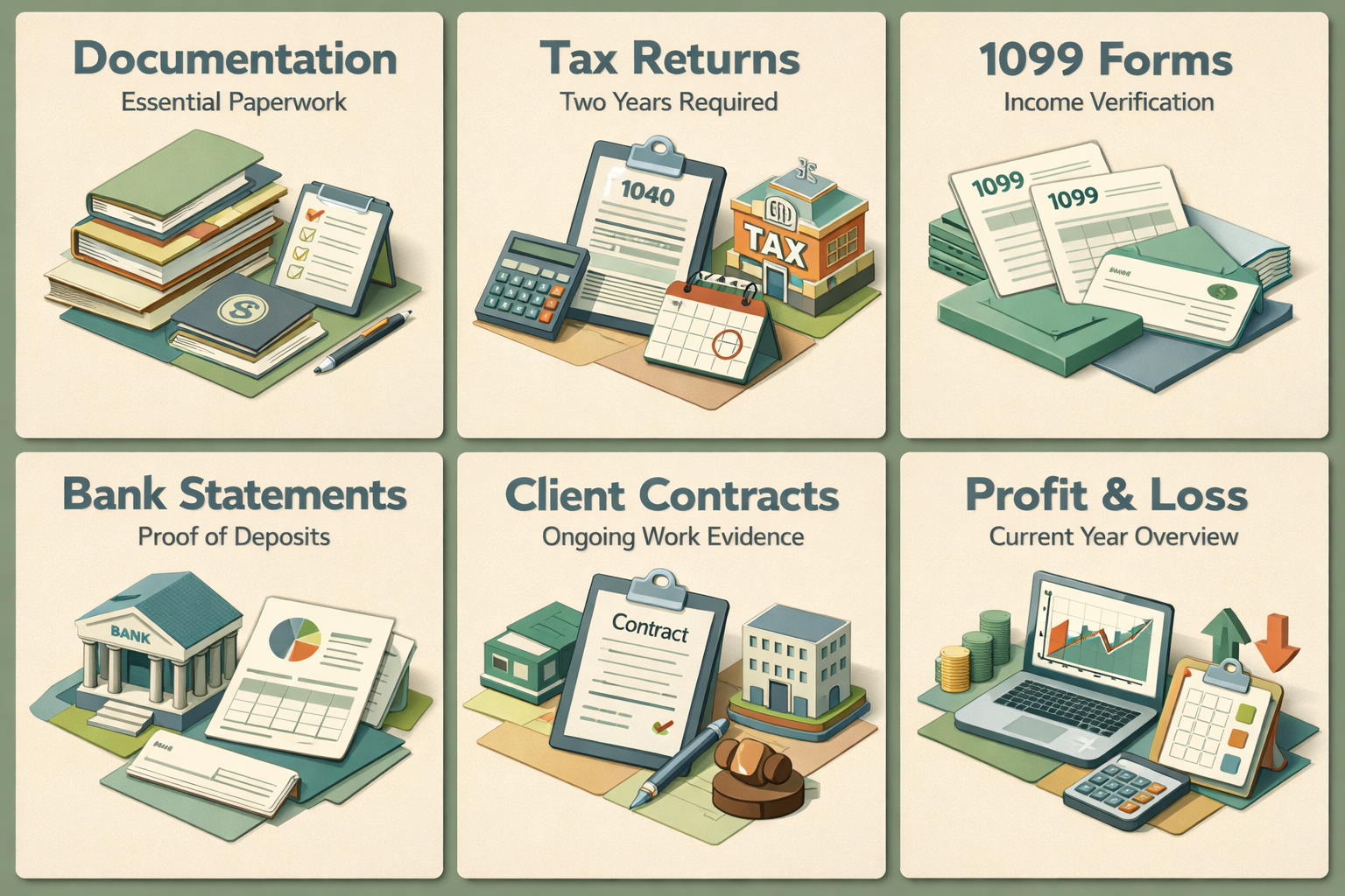 Infographic detailing essential documentation for 1099 freelancers applying for a jumbo loan, including tax returns and bank statements.