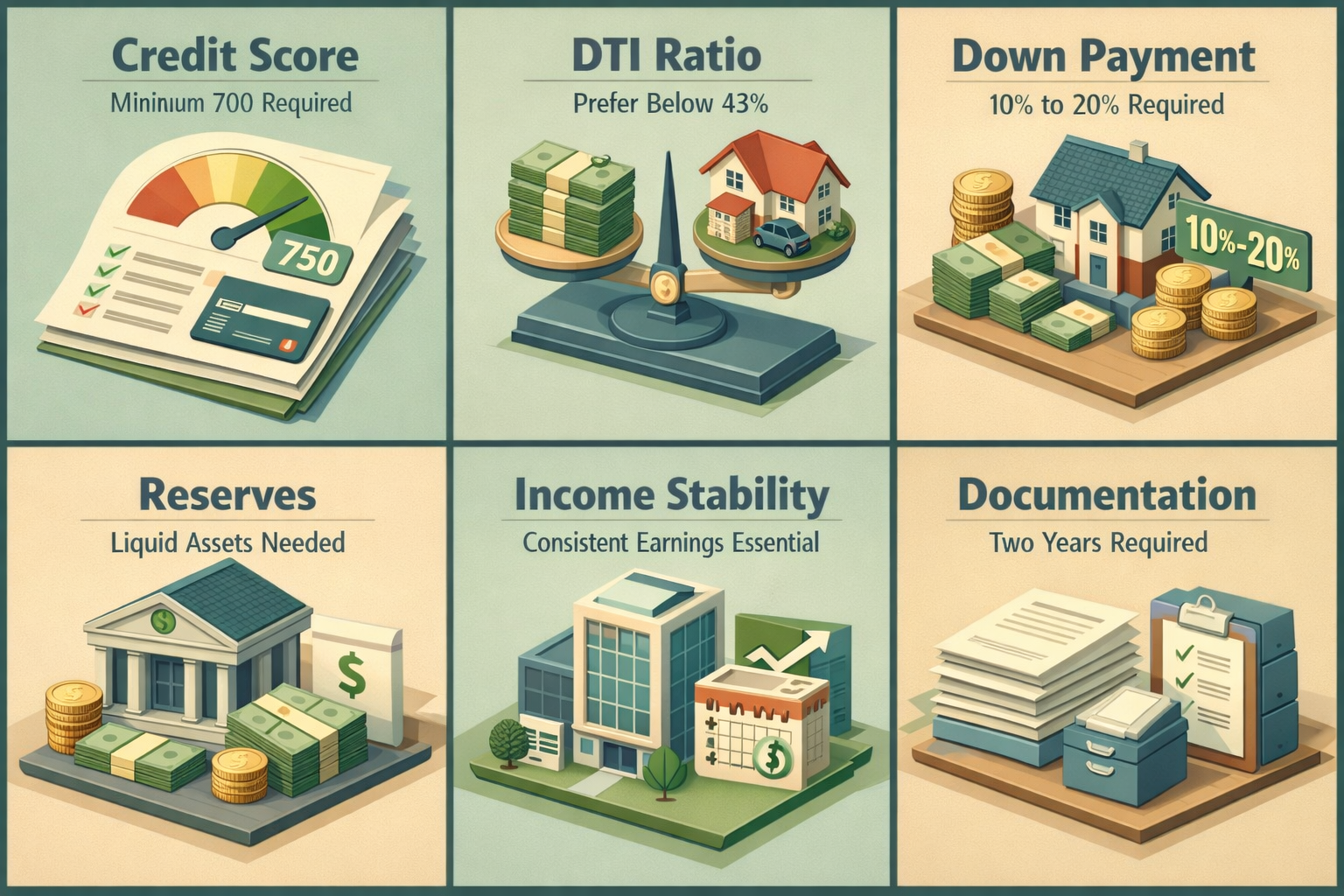 Overview of jumbo loan requirements including credit score, DTI ratio, down payment, reserves, income stability, and documentation.